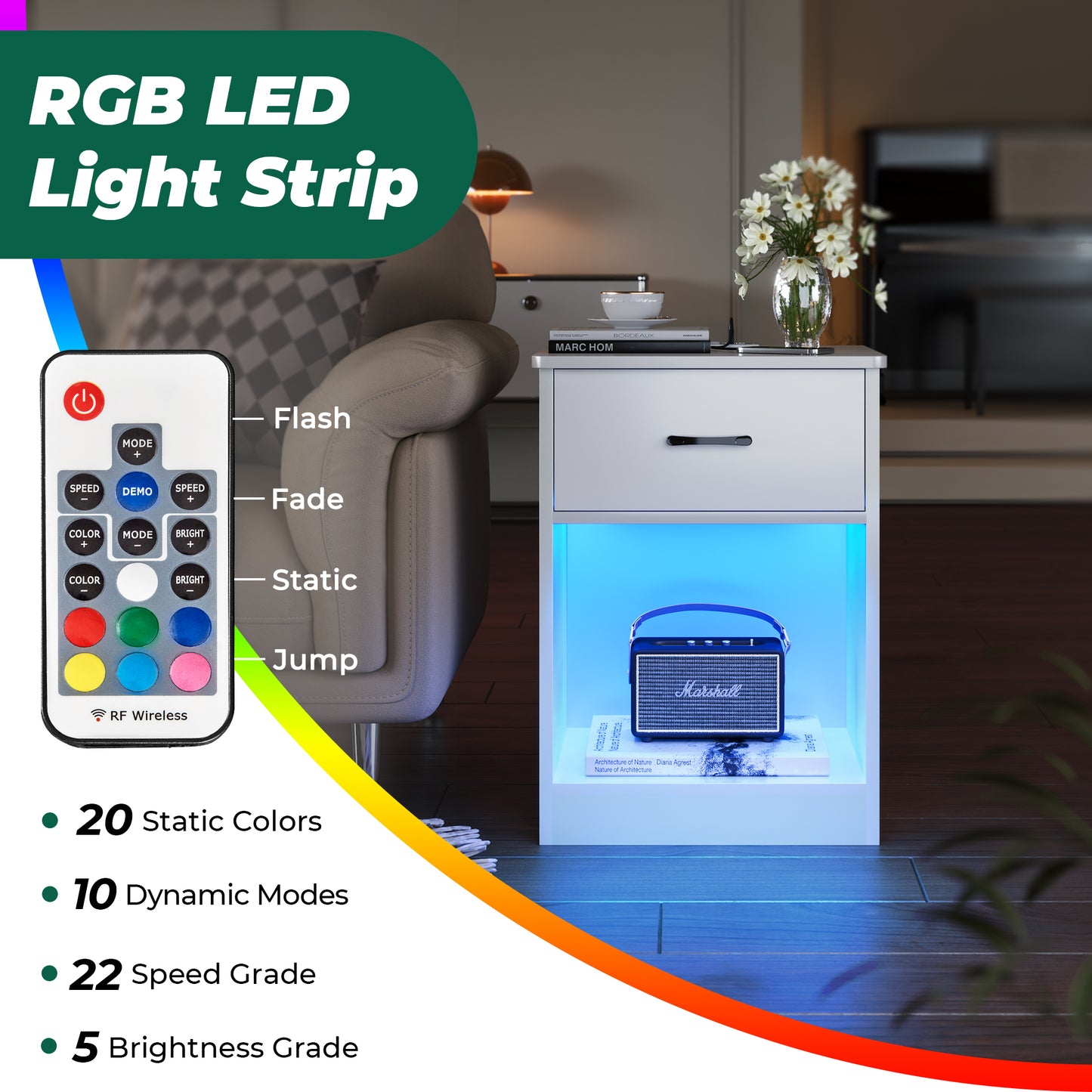 Huuger Nightstands Set of 2, Night Stands with Charging Station & LED Light Strips, Bedside Tables with Drawer, Side Tables Bedroom, Open Storage, White