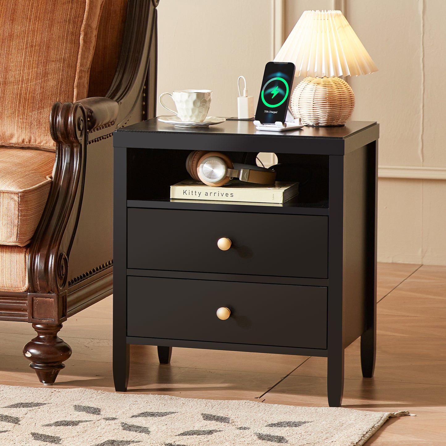 Huuger Black Nightstand Set of 2, Night Stand with Charger Station, Bedside Table with 2 Drawers, Bed Side Tables for Bedroom, Modern Nightstands, Metal Knobs, Painted Surface