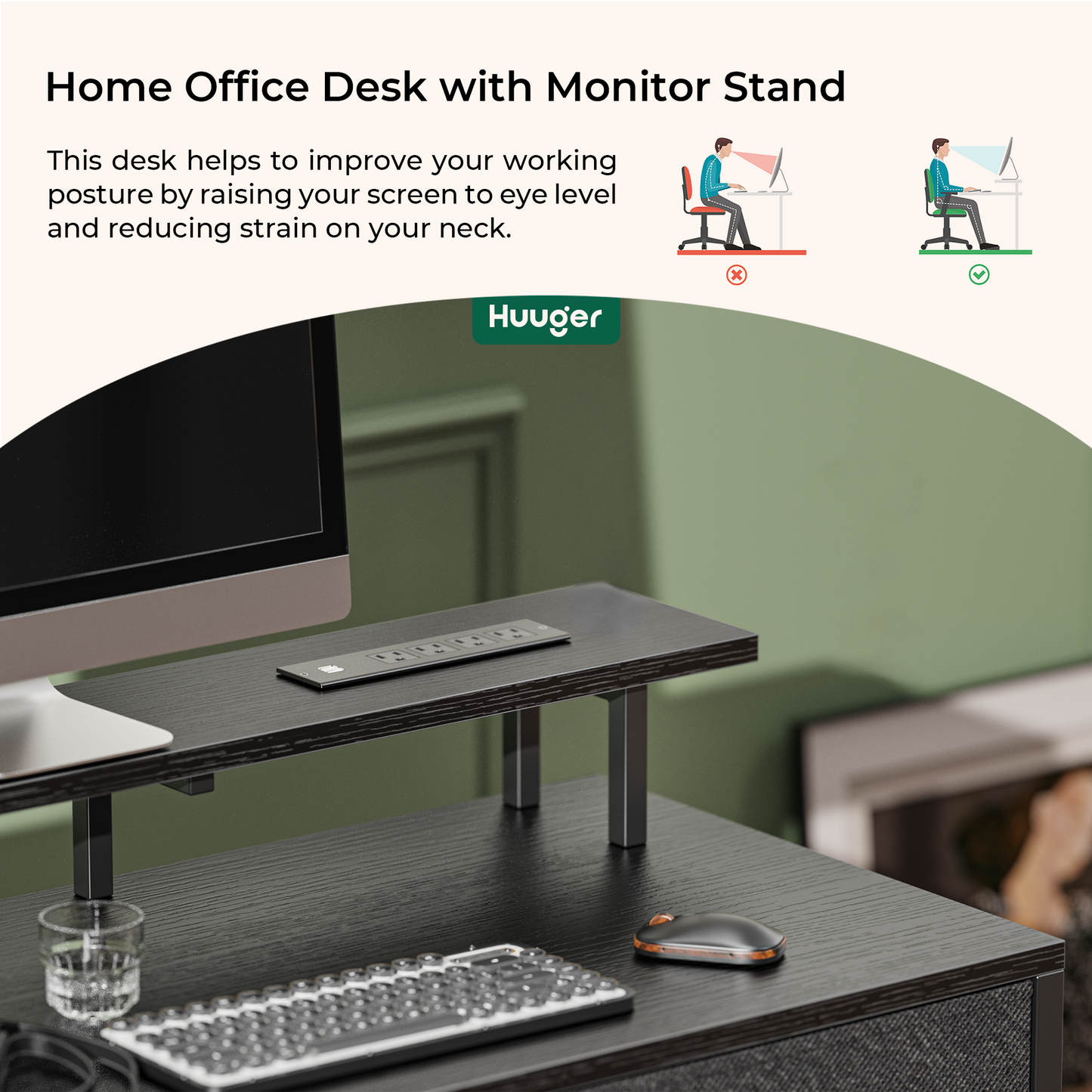 Huuger 55 inch Computer Desk with 3 Drawers, Office Desk Gaming Desk with LED Lights & Power Outlets, Black