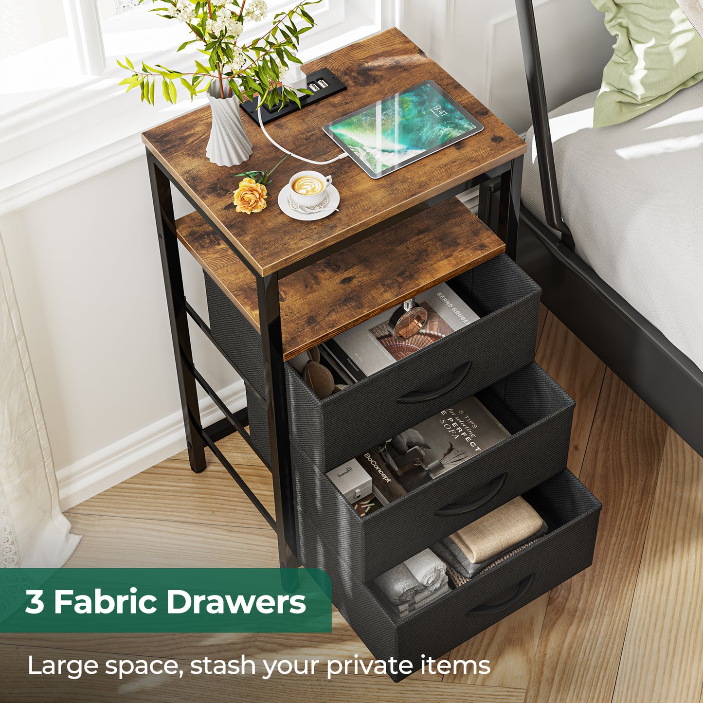 Huuger Nightstand with Charging Station, 27.6 Inch Side Table with Fabric Drawers, End Table Bedside Table with USB Ports and Outlets, Night Stand for Bedroom, Living Room, Rustic Brown