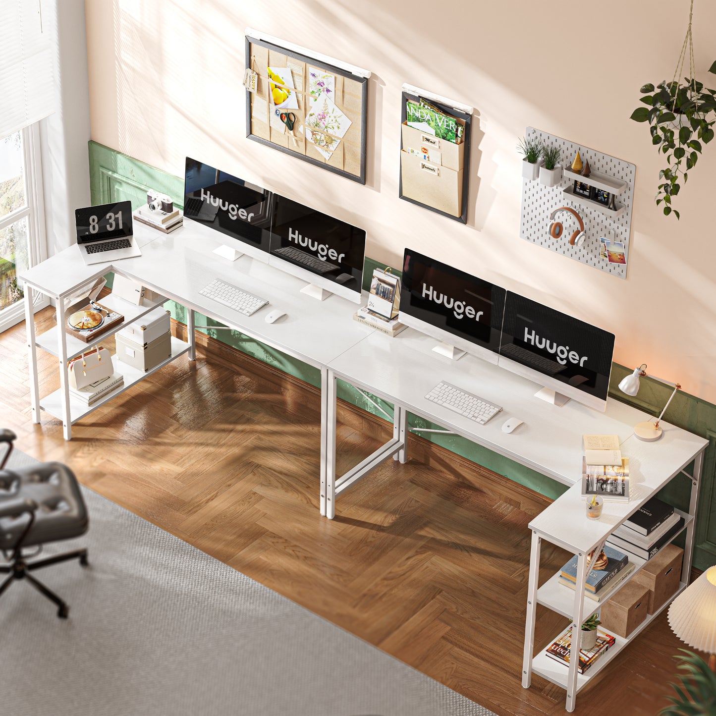 Huuger L Shaped Desk, 55 Inches Computer Desk with Reversible Storage Shelves, Gaming Desk, Corner Desk Home Office Desks, Writing Desk Study Desk with Metal Frame, White