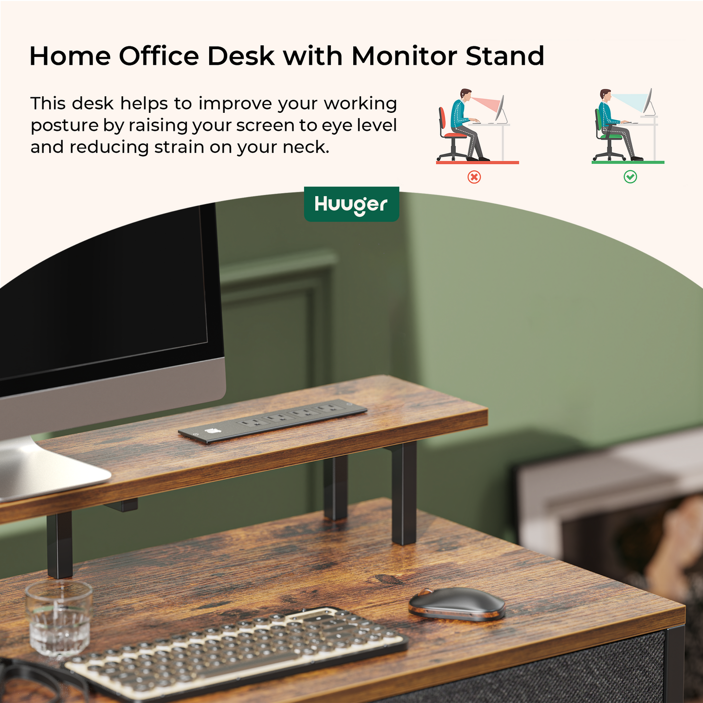 Huuger 47 inch Computer Desk with LED Lights & Power Outlets, Rustic Brown