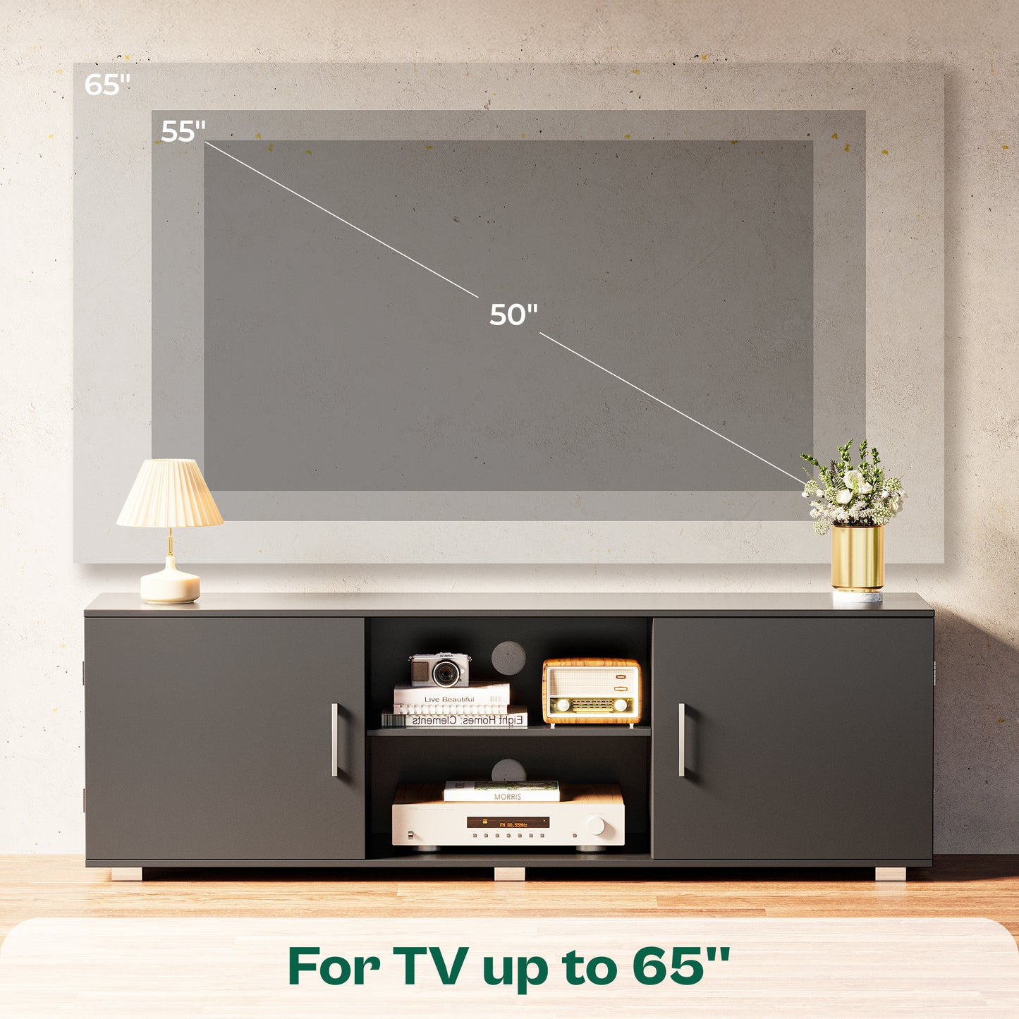Huuger TV Stand for 55 Inch TV, Entertainment Center with Storage, 2 Cabinets, TV Console Media Cabinet with 6 Cable Holes, Black TV Stand for Living Room, Bedroom
