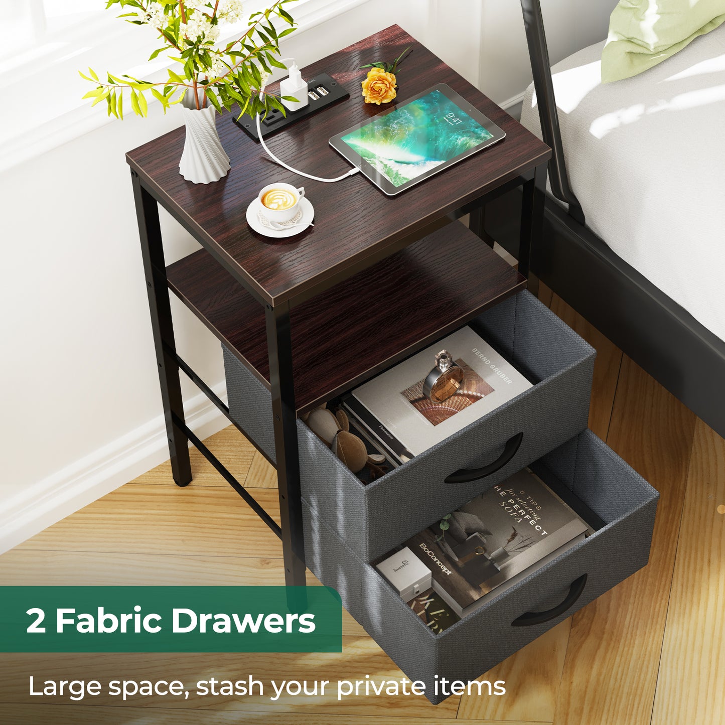 Huuger Nightstands Set of 2, End Tables, Side Tables with Fabric Drawers, Bedside Tables with USB Ports and Outlets, Walnut