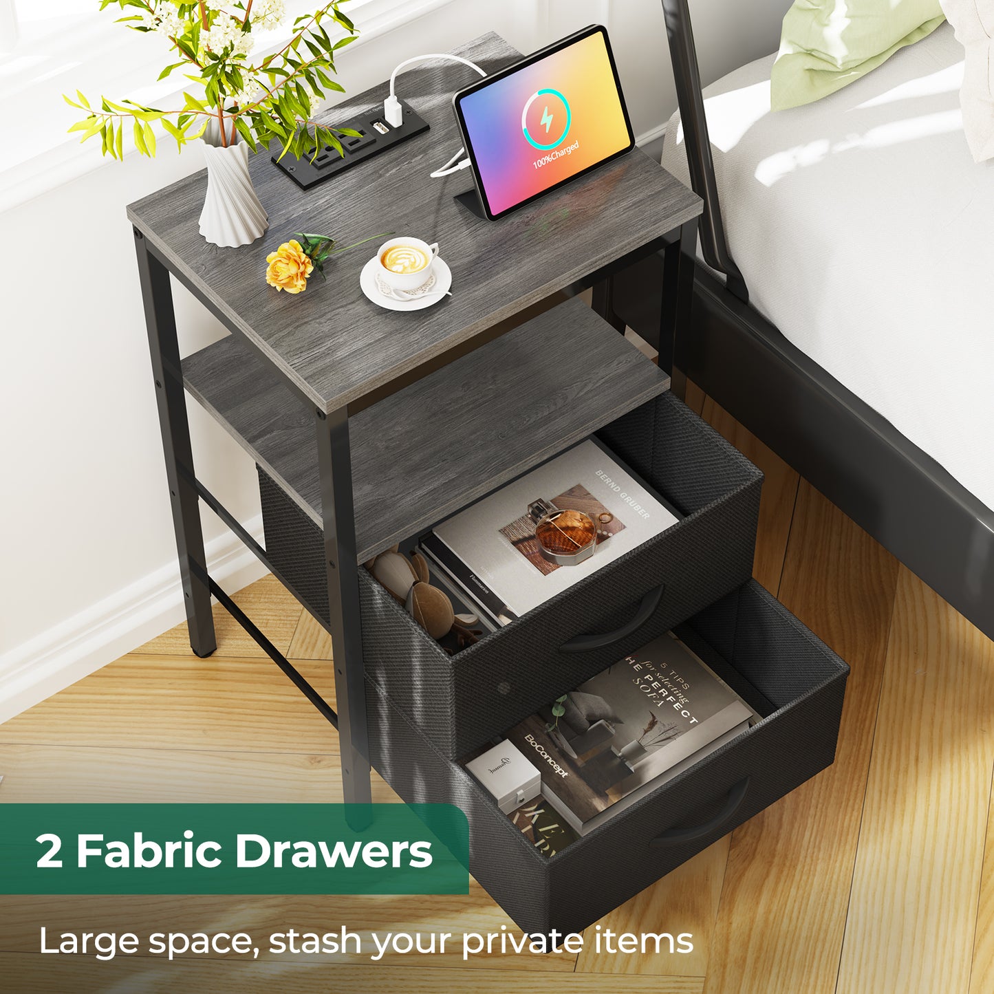 Huuger Nightstand with Charging Station, Side Table with Fabric Drawers, Open Shelf, Bedside Table with USB Ports and Outlets, Charcoal Gray