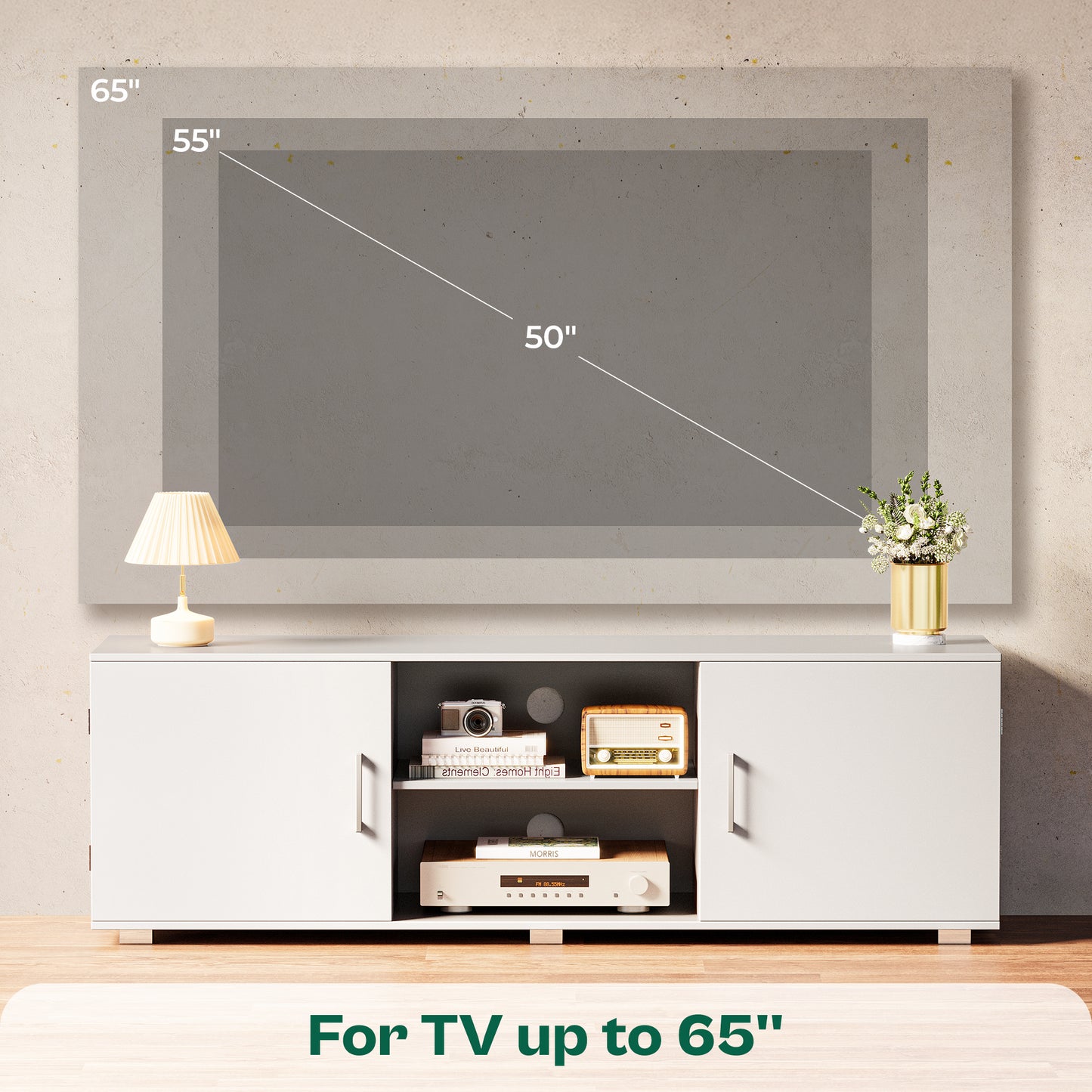 Huuger TV Stand for 55 Inch TV, Entertainment Center with Storage, 2 Cabinets, TV Console Media Cabinet with 6 Cable Holes, White TV Stand for Living Room, Bedroom
