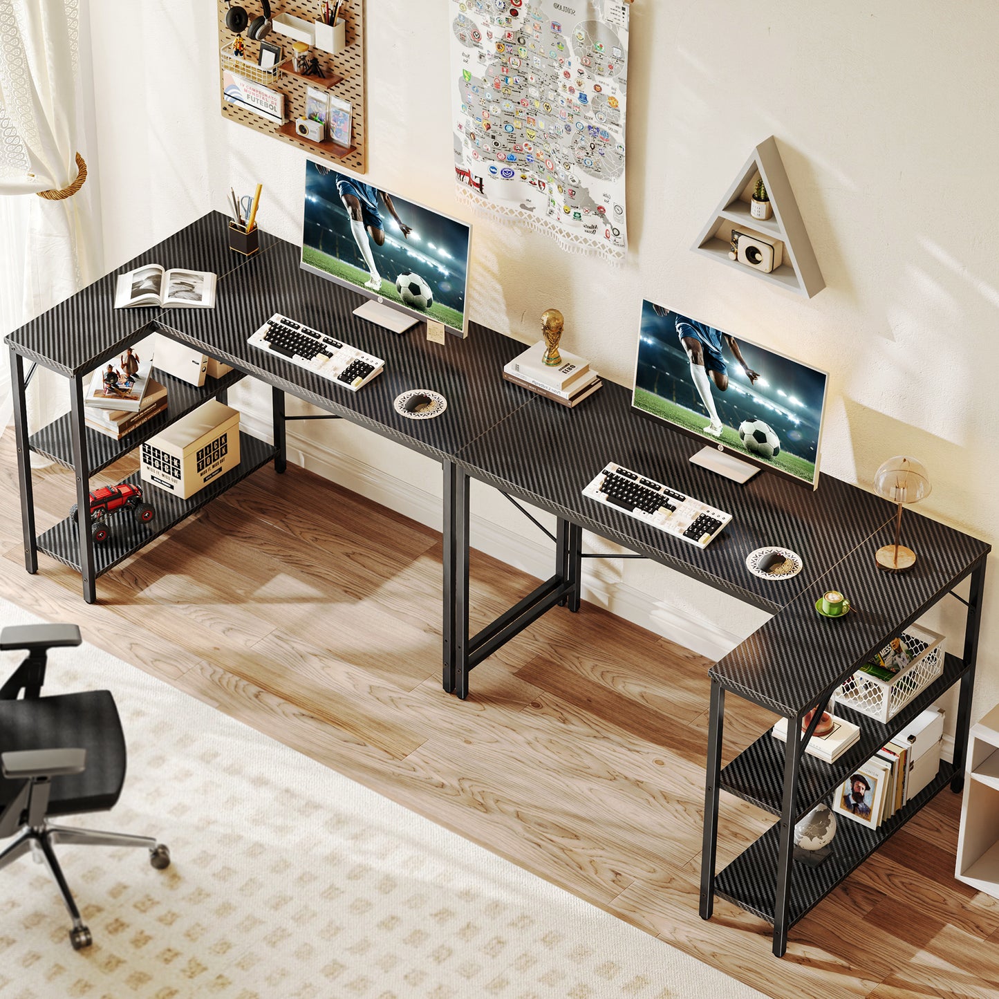 L Shaped Computer Desk with Reversible Storage Shelves, Gaming Corner Desk for Home Office, Writing Study Desk with Metal Frame, Carbon Fiber Black