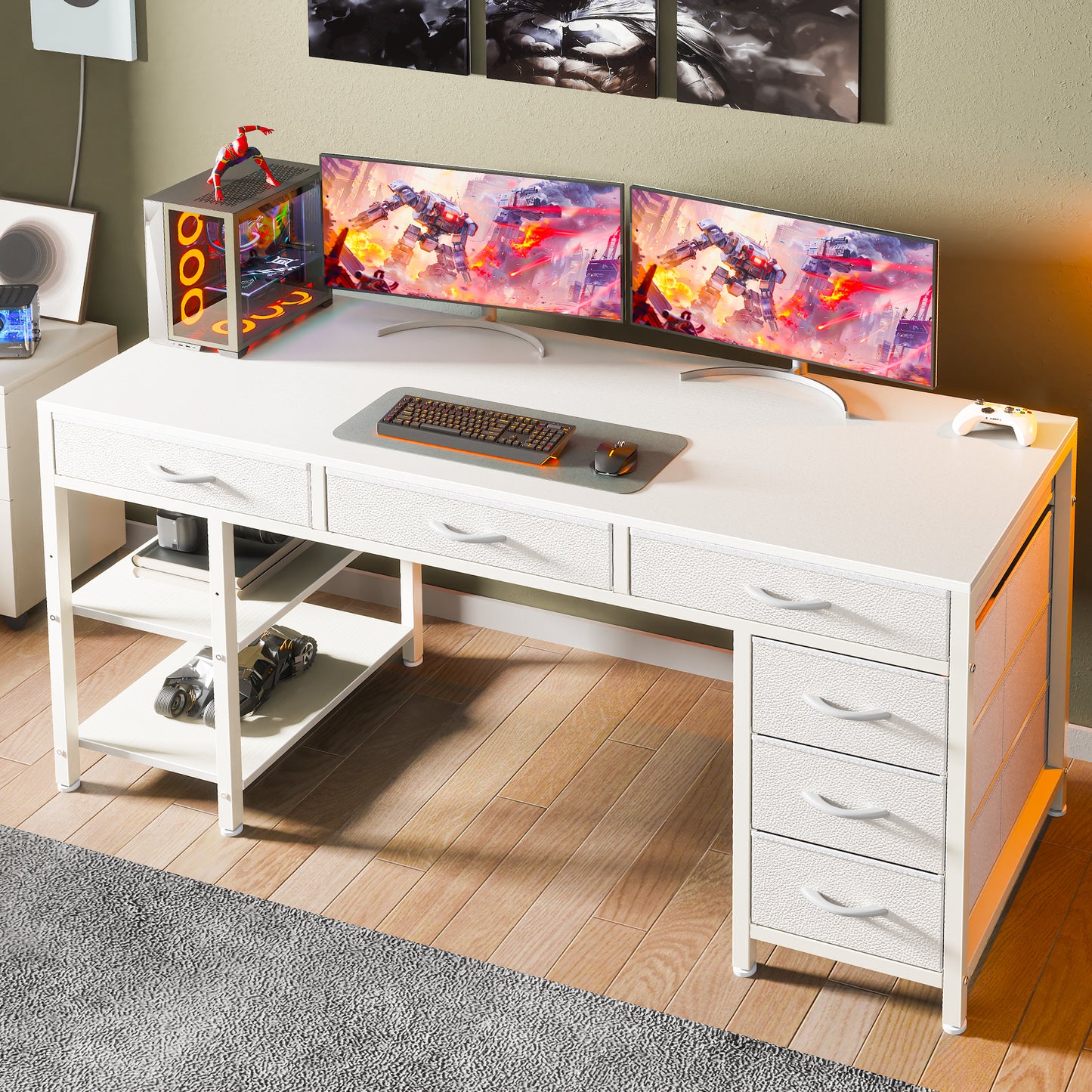 Huuger Computer Desk with 6 Drawers, 54 Inch Office Desk with Shelves, Reversible Gaming Desk, Corner Desk with Storage, Work Desk for Home Office, Study, Living Room, White