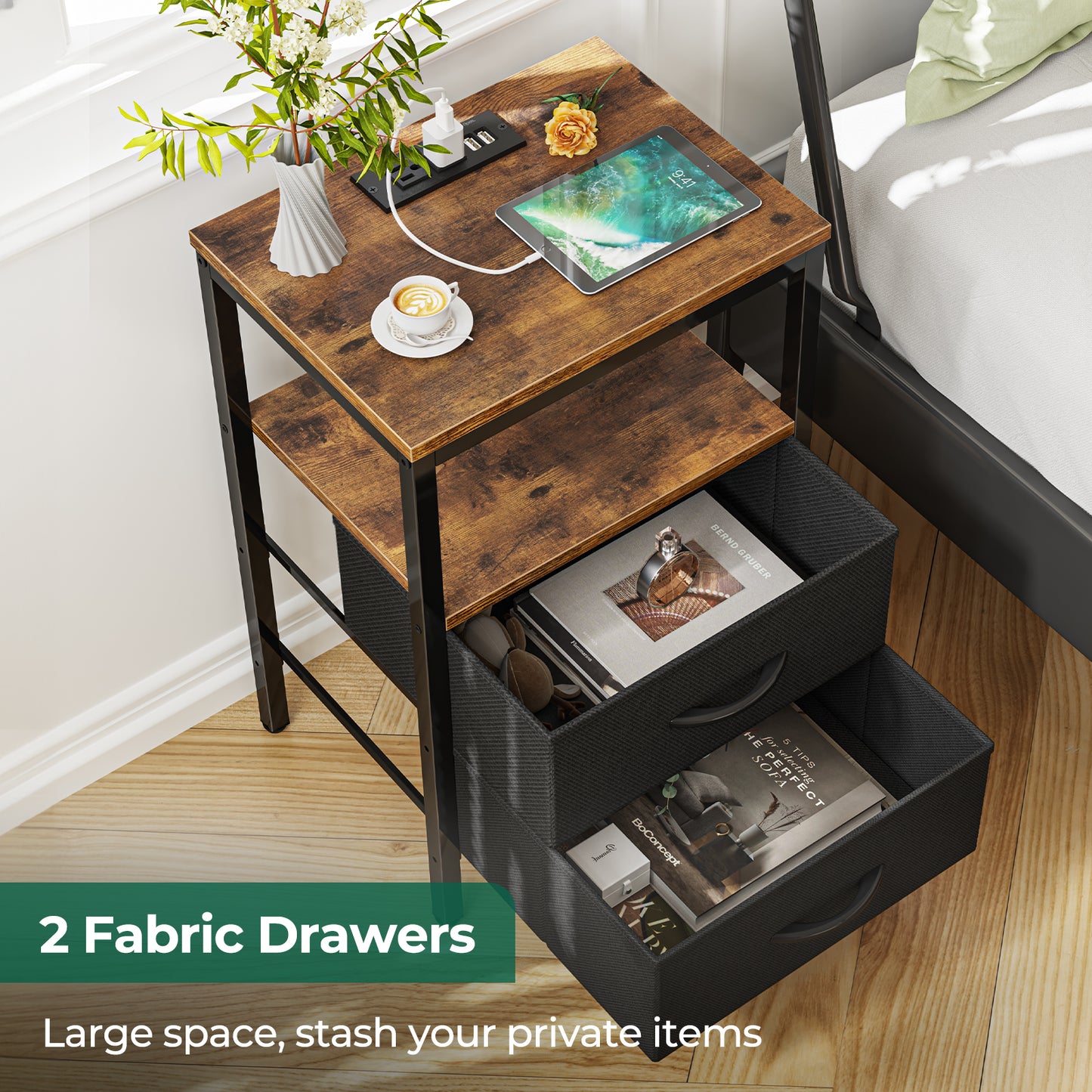 Huuger Nightstand with Charging Station, Side Table with Fabric Drawers, End Table with Open Shelf, Bedside Table with USB Ports and Outlets, Vintage Brown