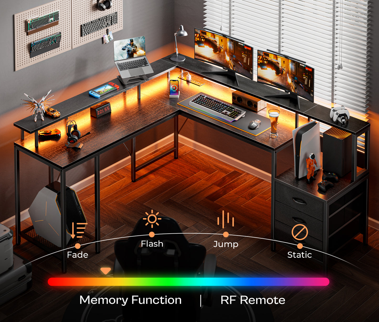Huuger L Shaped Gaming Desk with LED Lights and Power Outlets, Computer Desk with 3 Drawers, 66.1 Inches Corner Desk, Home Office Desk with Printer and Monitor Stand, Large Storage Space, Black