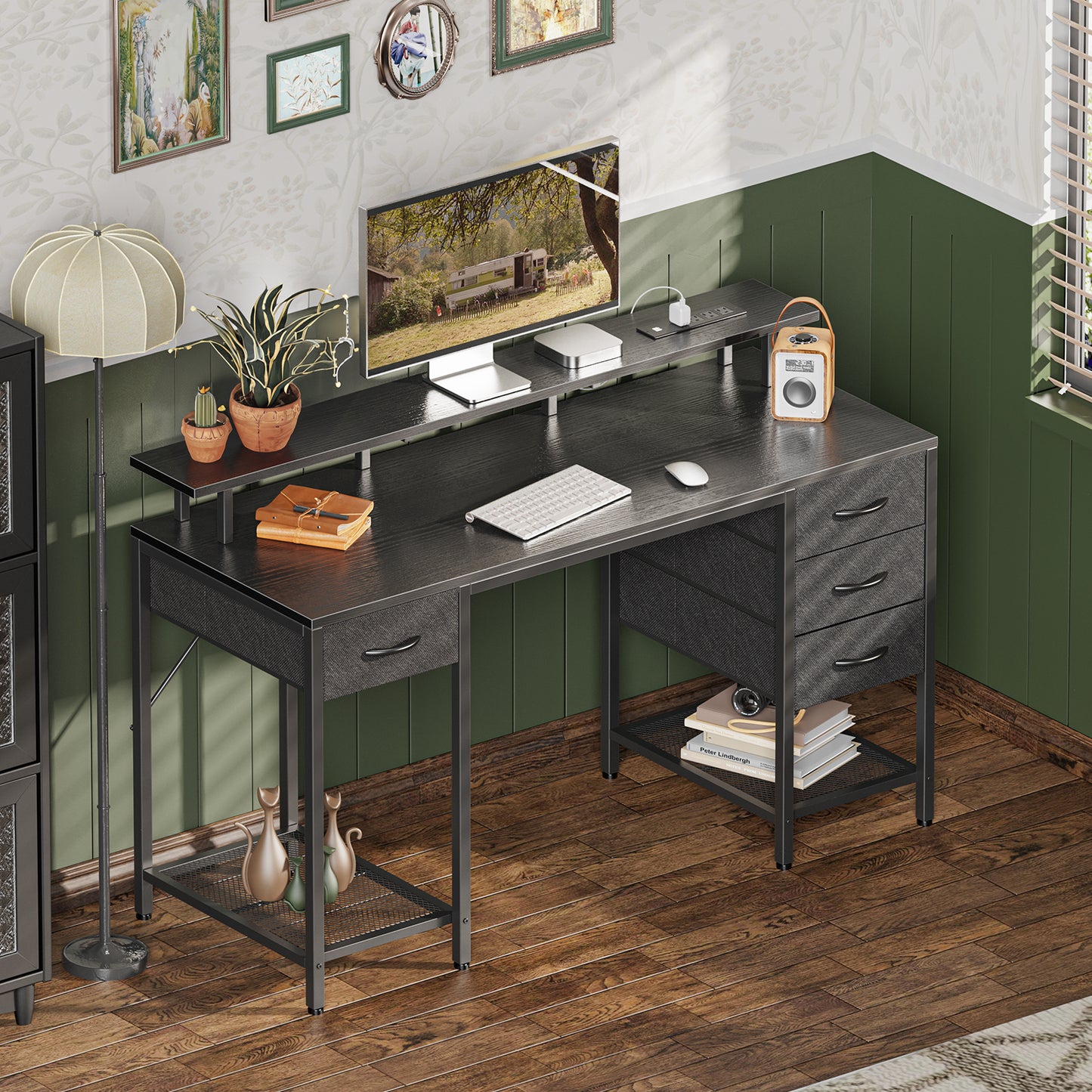 Huuger 55 inch Computer Desk with 4 Drawers, Gaming Desk with LED Lights & Power Outlets, Home Office Desk with Large Storage Space for Bedroom, Black