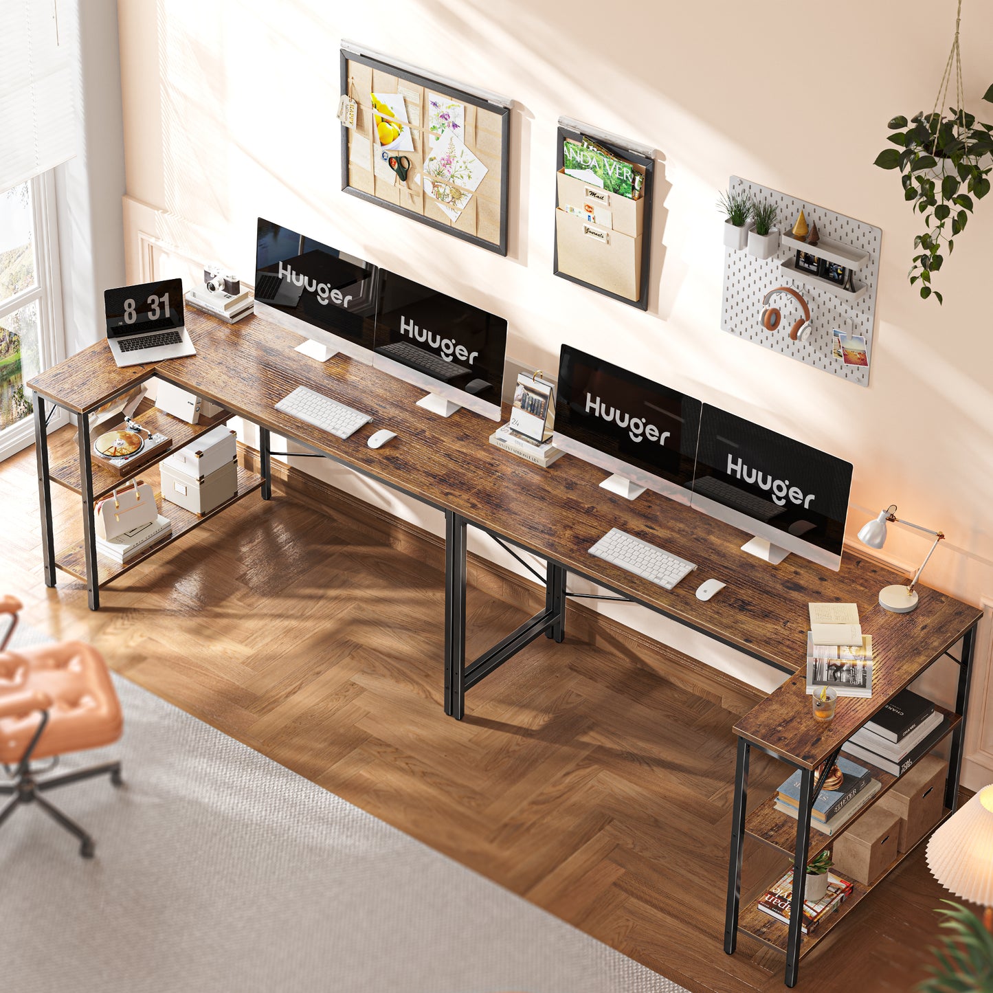 Huuger L Shaped Desk, 55 Inches Computer Desk with Reversible Storage Shelves, Gaming Desk, Corner Desk Home Office Desks, Writing Desk Study Desk with Metal Frame, Rustic Brown