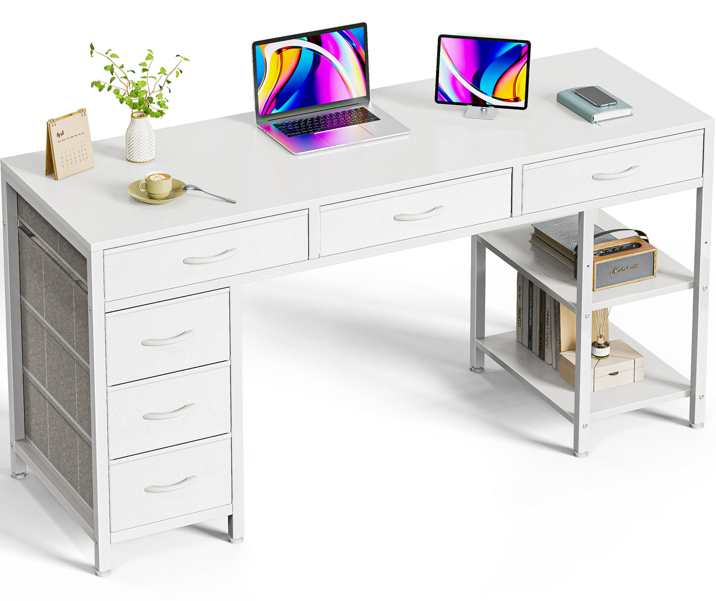 Huuger Computer Desk with 6 Drawers, 54 Inch Office Desk with Shelves, Reversible Gaming Desk, Corner Desk with Storage, Work Desk for Home Office, Study, Living Room, White