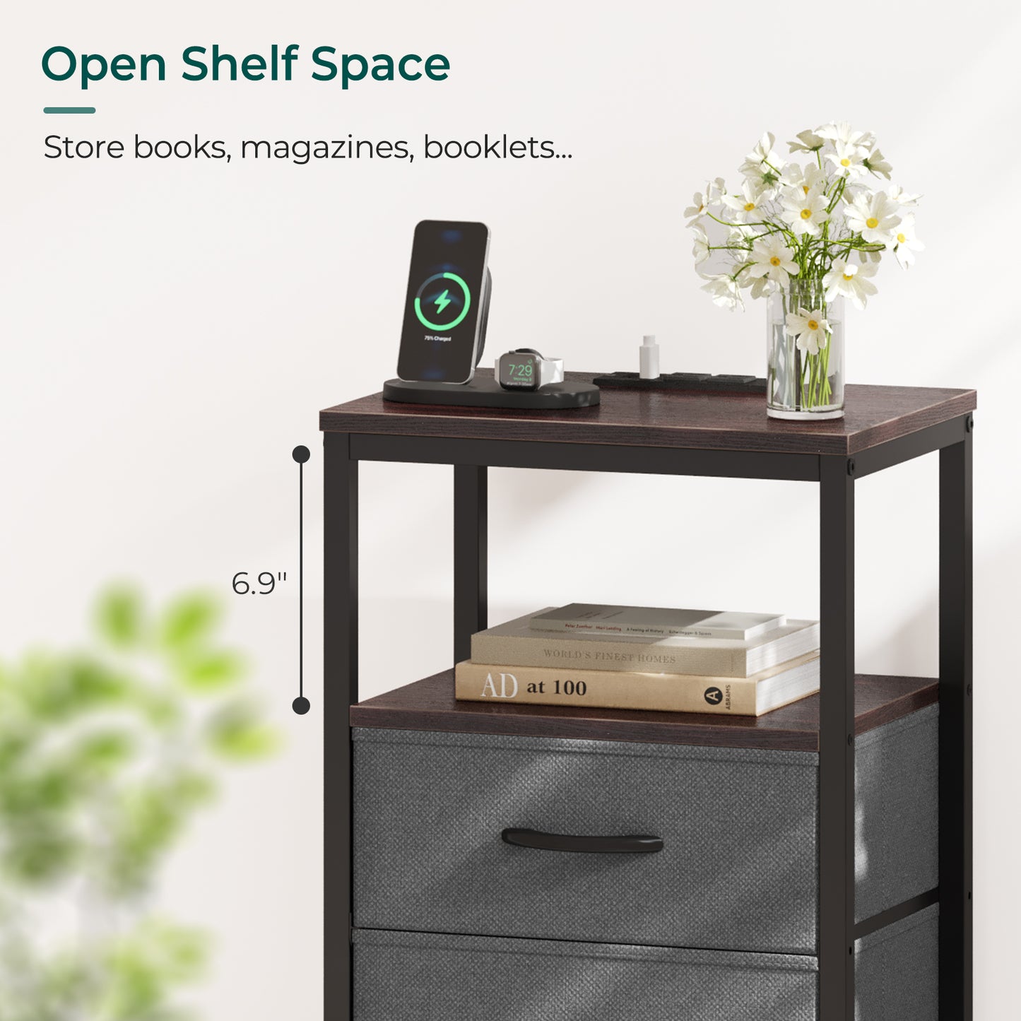 Huuger Nightstands Set of 2, End Tables, Side Tables with Fabric Drawers, Bedside Tables with USB Ports and Outlets, Walnut