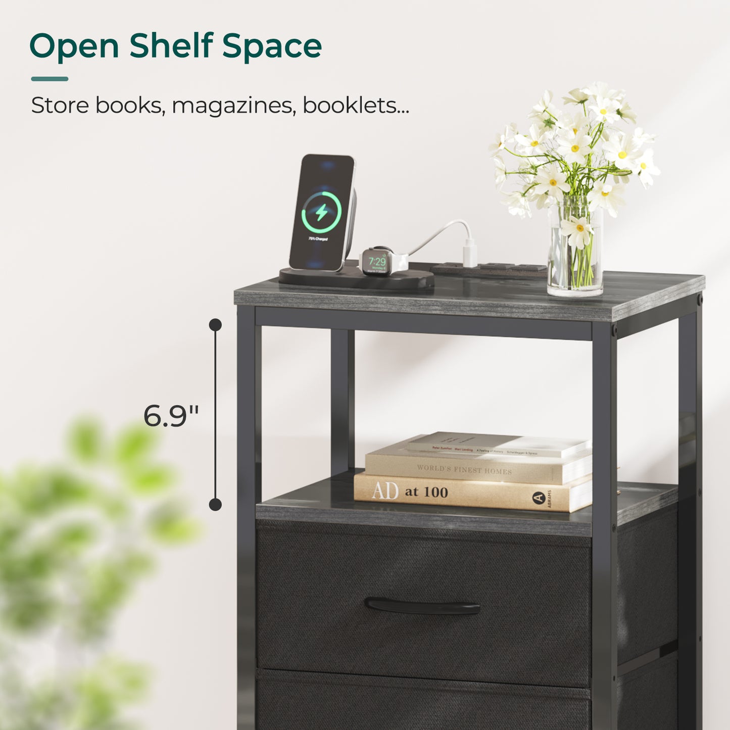 Huuger Nightstand with Charging Station, Side Table with Fabric Drawers, Open Shelf, Bedside Table with USB Ports and Outlets, Charcoal Gray