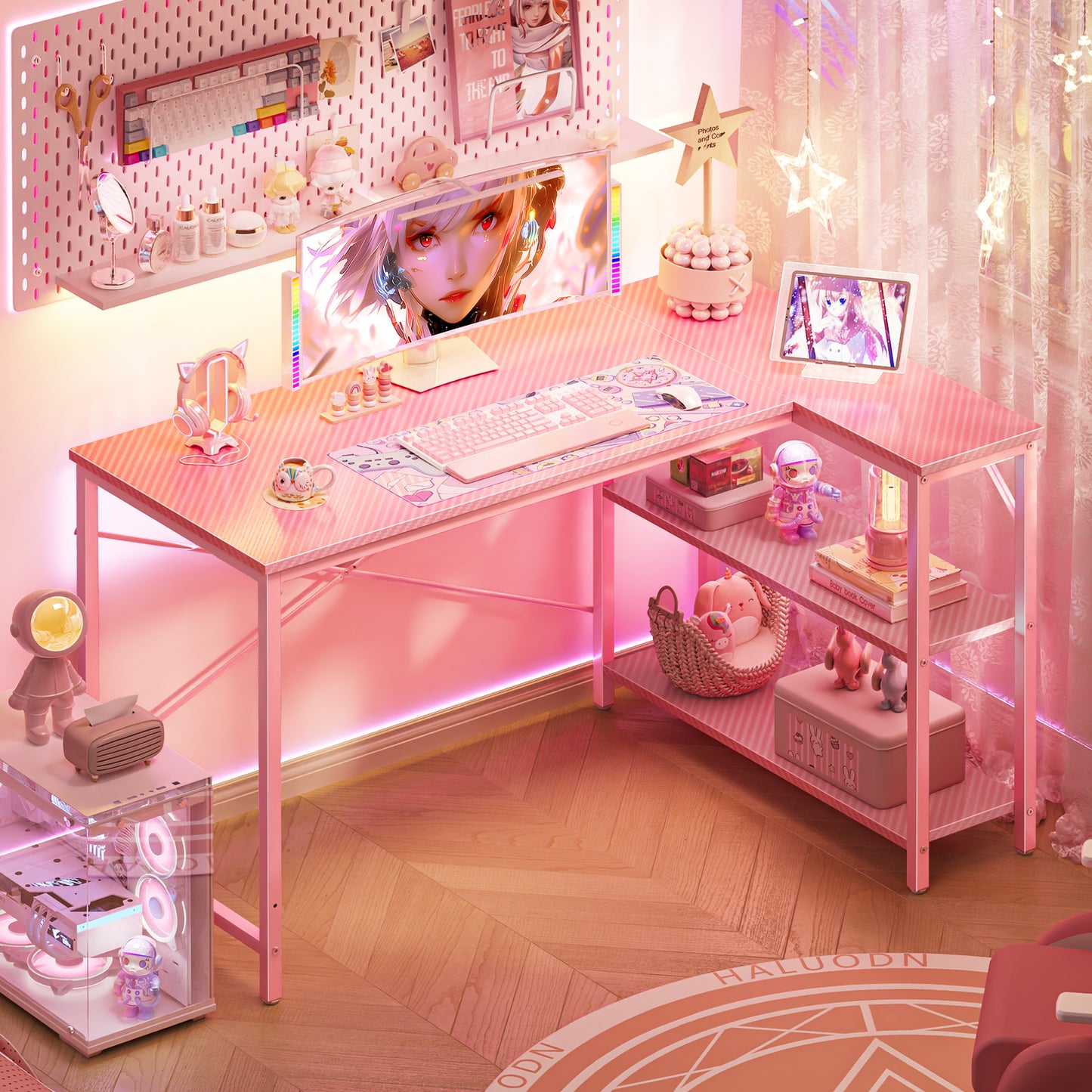 L Shaped Computer Desk with Reversible Storage Shelves, Gaming Corner Desk for Home Office, Writing Study Desk with Metal Frame, Pink