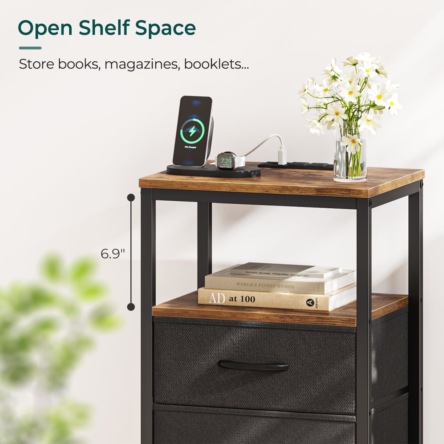 Huuger Nightstand with Charging Station, Side Table with Fabric Drawers, End Table with Open Shelf, Bedside Table with USB Ports and Outlets, Vintage Brown