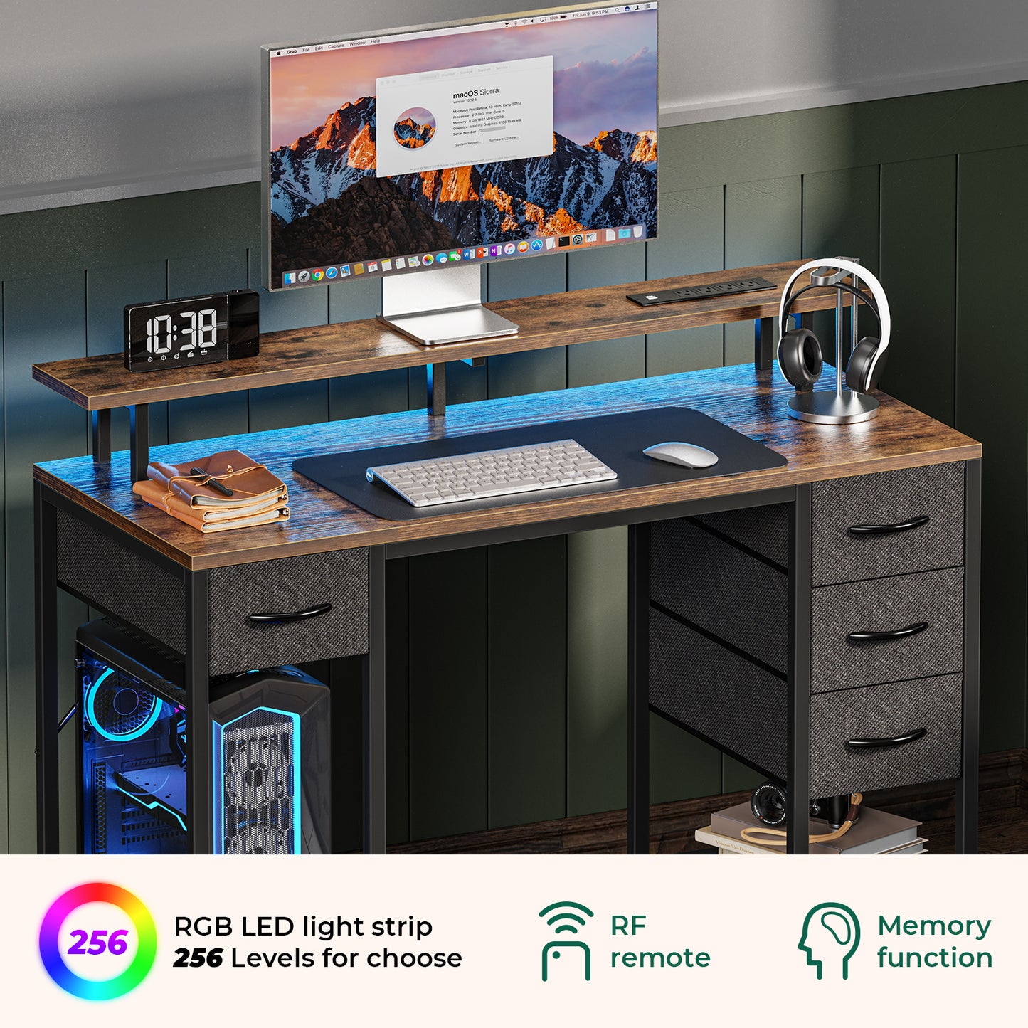 Huuger 47 inch Computer Desk with 4 Drawers, Gaming Desk with LED Lights & Power Outlets, Home Office Desk with Large Storage Space for Bedroom, Work from Home, Rustic Brown