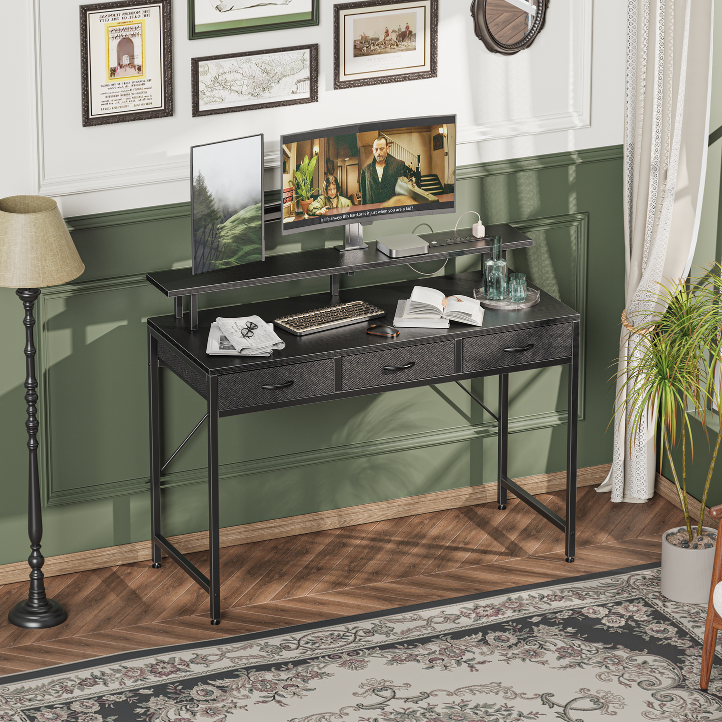 Huuger 55 inch Computer Desk with 3 Drawers, Office Desk Gaming Desk with LED Lights & Power Outlets, Black