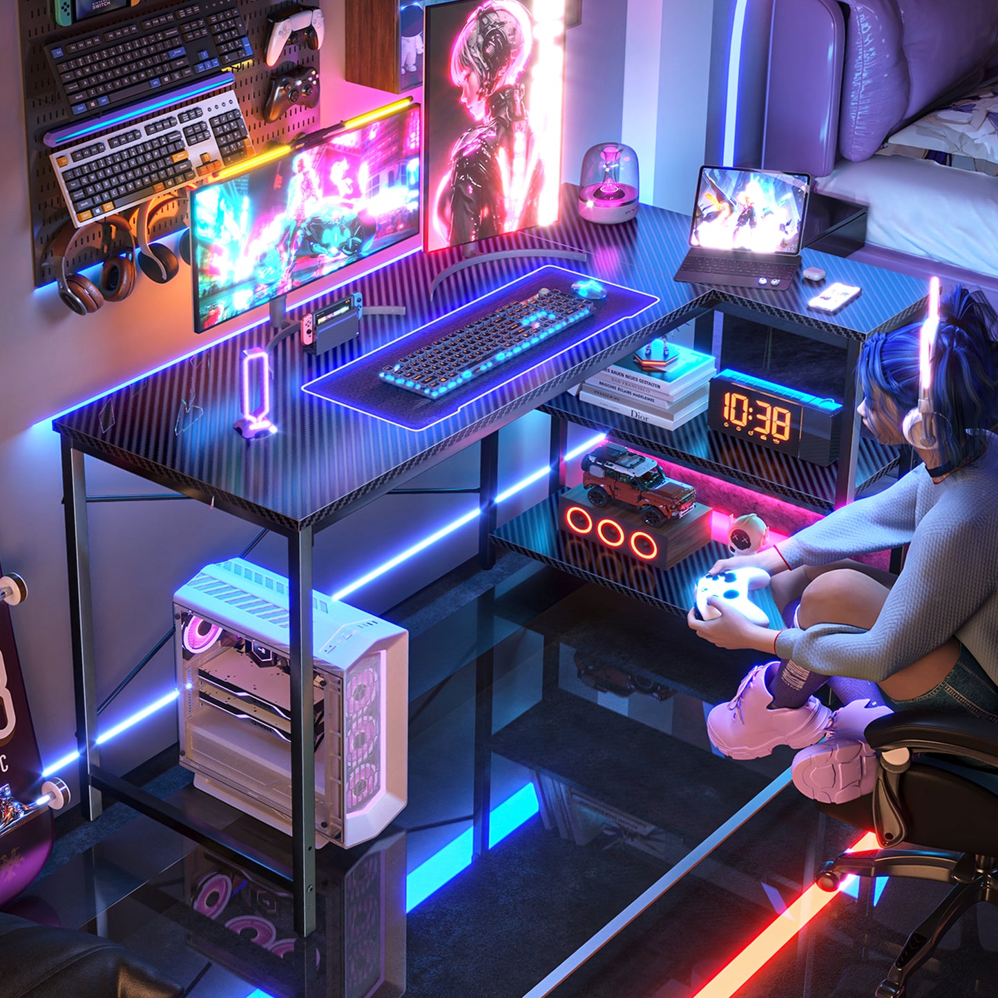 L Shaped Computer Desk with Reversible Storage Shelves, Gaming Corner Desk for Home Office, Writing Study Desk with Metal Frame, Carbon Fiber Black