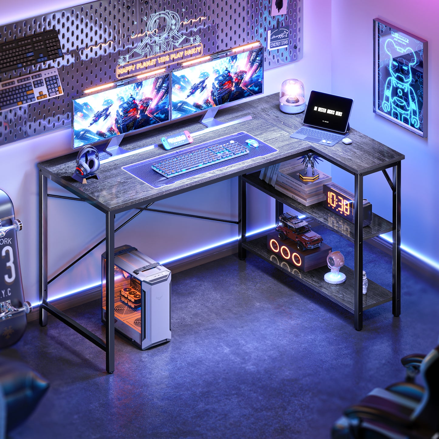 Huuger L Shaped Desk, 47 Inches Computer Desk with Reversible Storage Shelves, Gaming Desk, Corner Desk Home Office Desks, Writing Desk Study Desk with Metal Frame