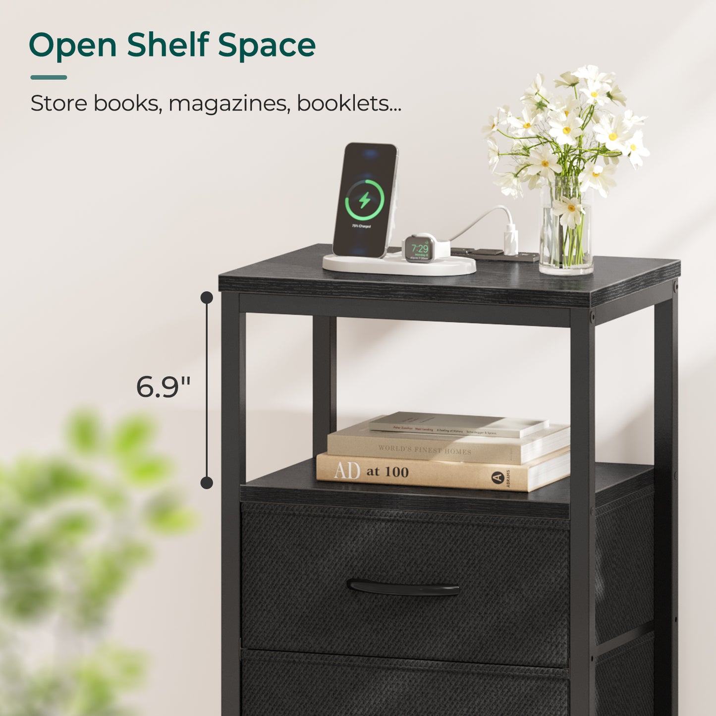 Huuger Nightstand with Charging Station, Side Table with Fabric Drawers, End Table with Open Shelf, Bedside Table with USB Ports and Outlets, Night Stand for Bedroom, Black