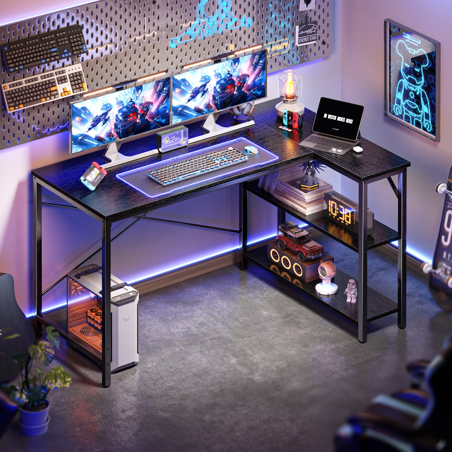 Huuger L Shaped Desk, 47 Inches Computer Desk with Reversible Storage Shelves, Black
