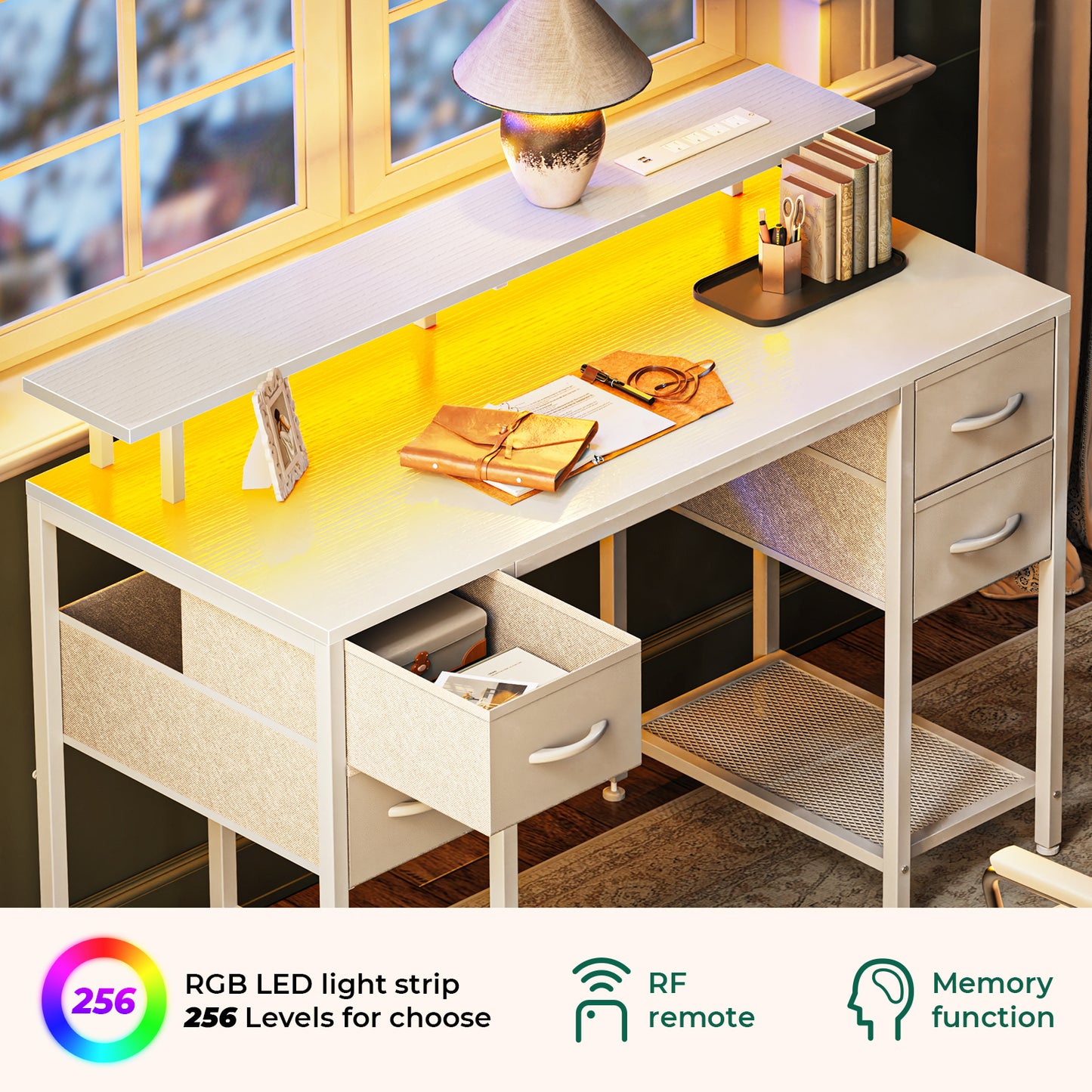 Huuger 47 inch Computer Desk with 4 Drawers, Gaming Desk with LED Lights & Power Outlets, Home Office Desk with Large Storage Space for Bedroom, Work from Home, White