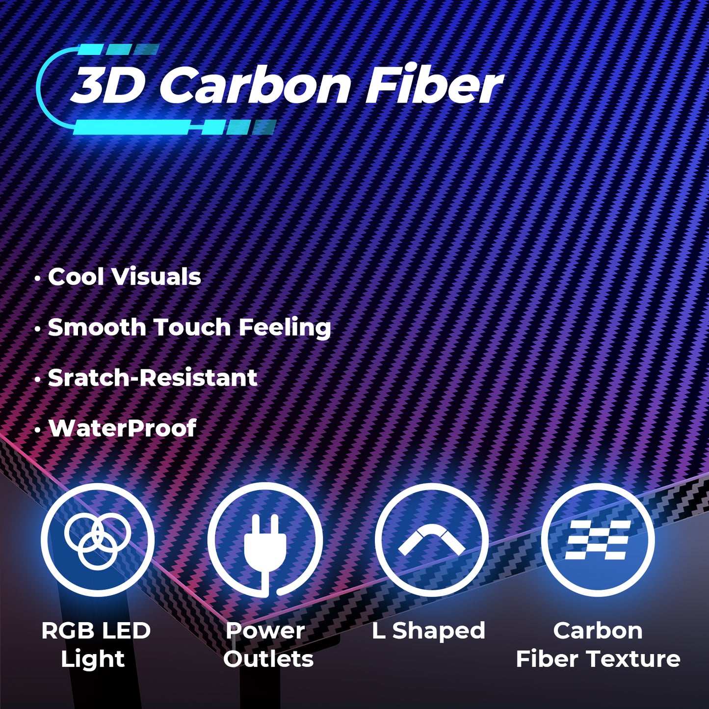 Huuger L Shaped Desk Gaming Desk with LED Lights & Power Outlets, Computer Desk with Monitor Shelves, Cup Holder & Hook, Carbon Fiber Black