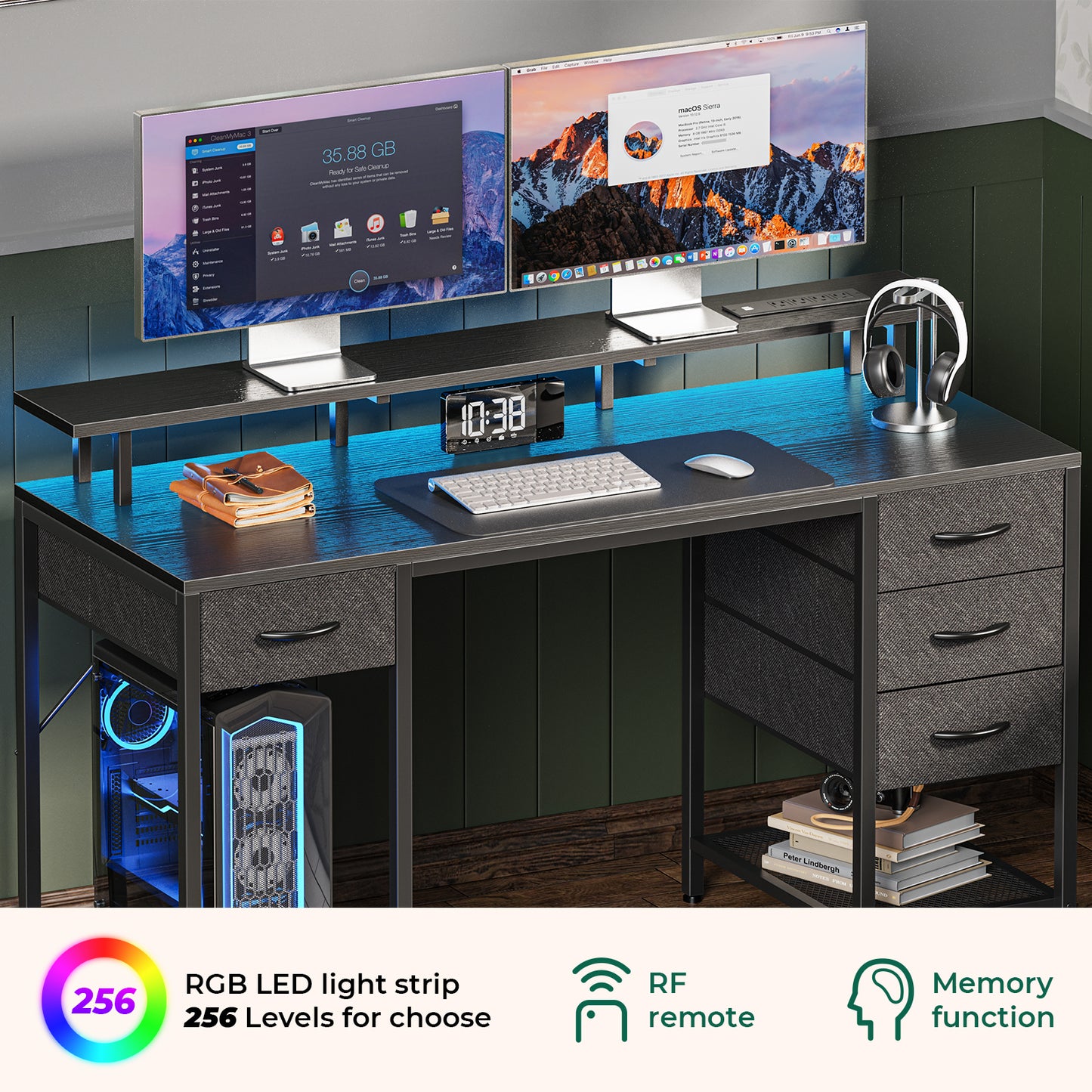 Huuger 55 inch Computer Desk with 4 Drawers, Gaming Desk with LED Lights & Power Outlets, Home Office Desk with Large Storage Space for Bedroom, Black