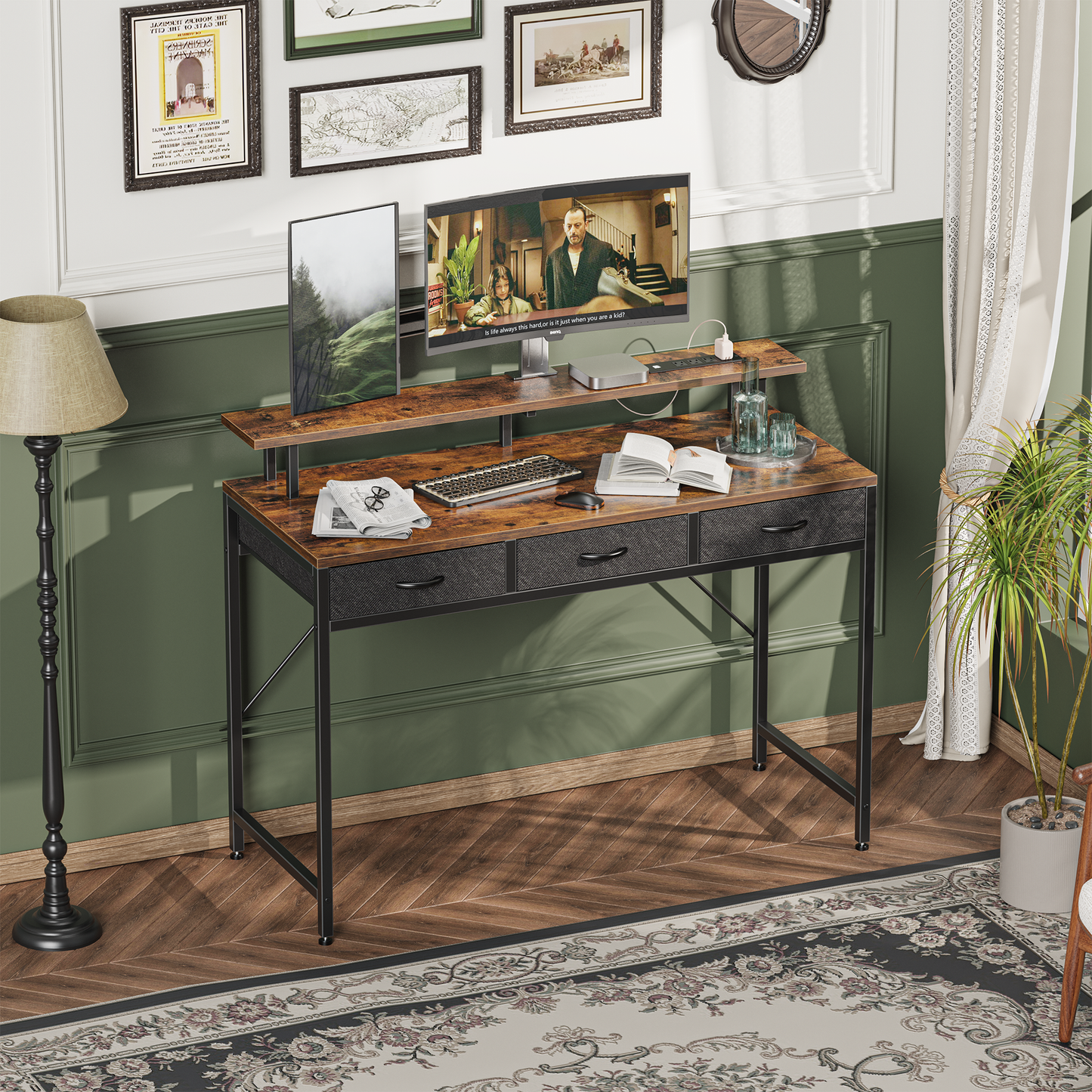 Huuger 47 inch Computer Desk with LED Lights & Power Outlets, Rustic Brown