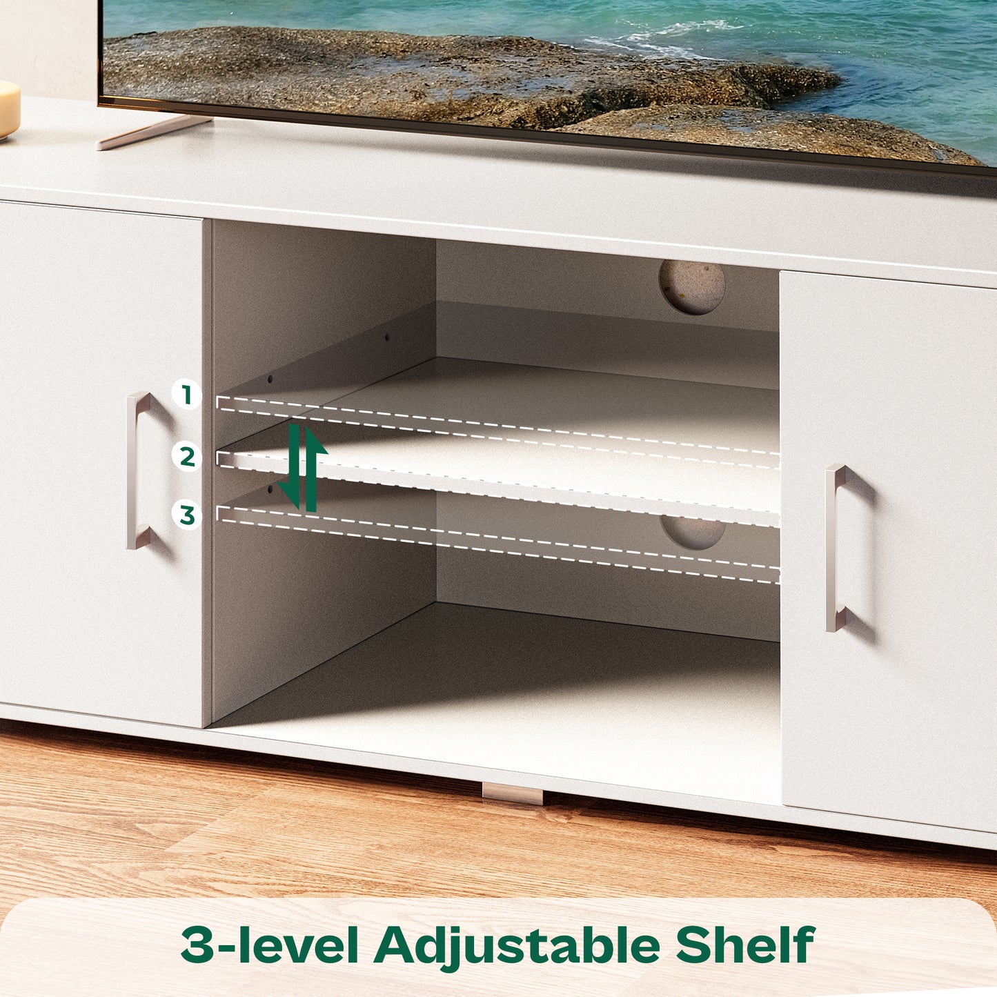 Huuger TV Stand for 55 Inch TV, Entertainment Center with Storage, 2 Cabinets, TV Console Media Cabinet with 6 Cable Holes, White TV Stand for Living Room, Bedroom
