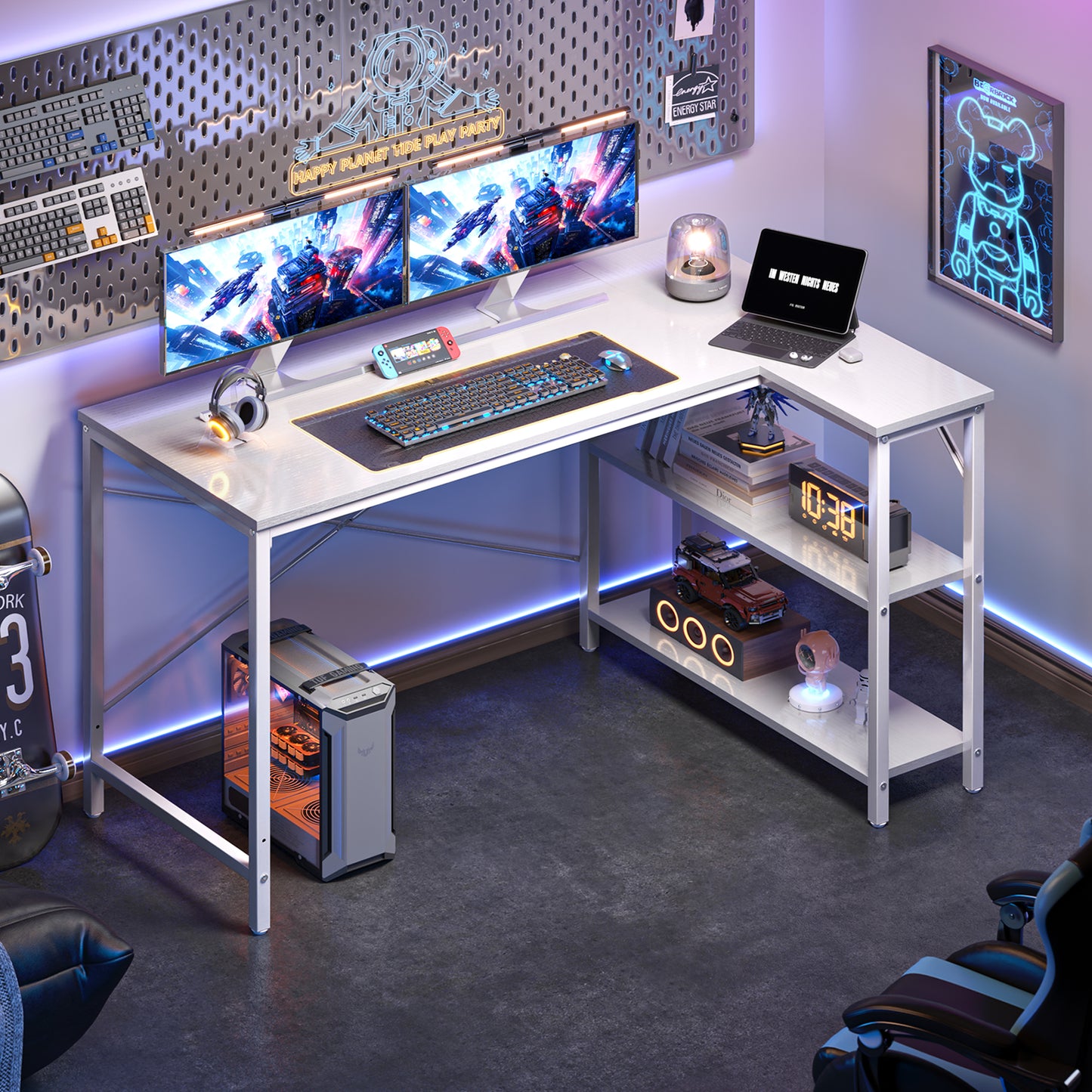 Huuger L Shaped Desk, 47 Inches Computer Desk with Reversible Storage Shelves, Gaming Desk, Corner Desk Home Office Desks, Writing Desk Study Desk with Metal Frame