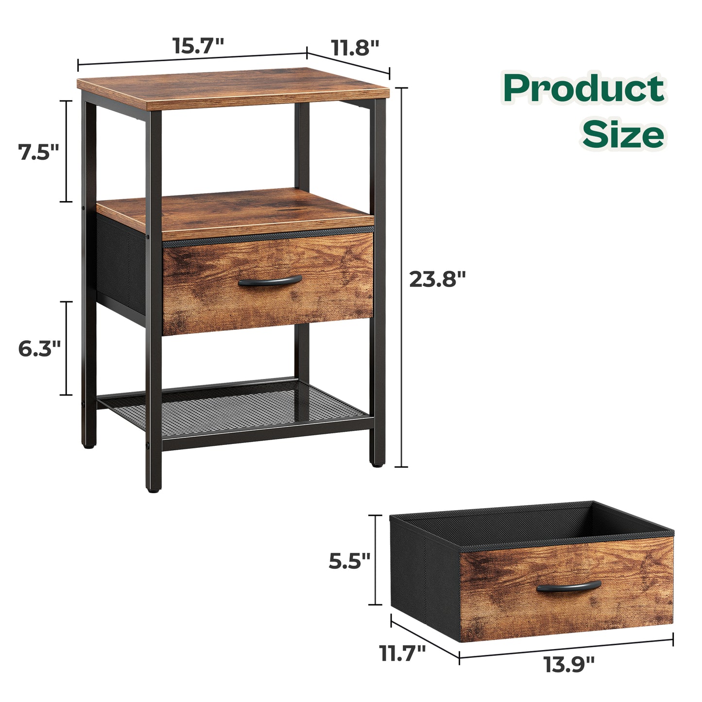 Huuger Nightstand Set of 2, Night Stand with Fabric Drawer, Mesh Shelf, Side Table with Storage, Fabric Drawer Dresser, Open Shelf, Metal Frame, Bedroom, Rustic Brown