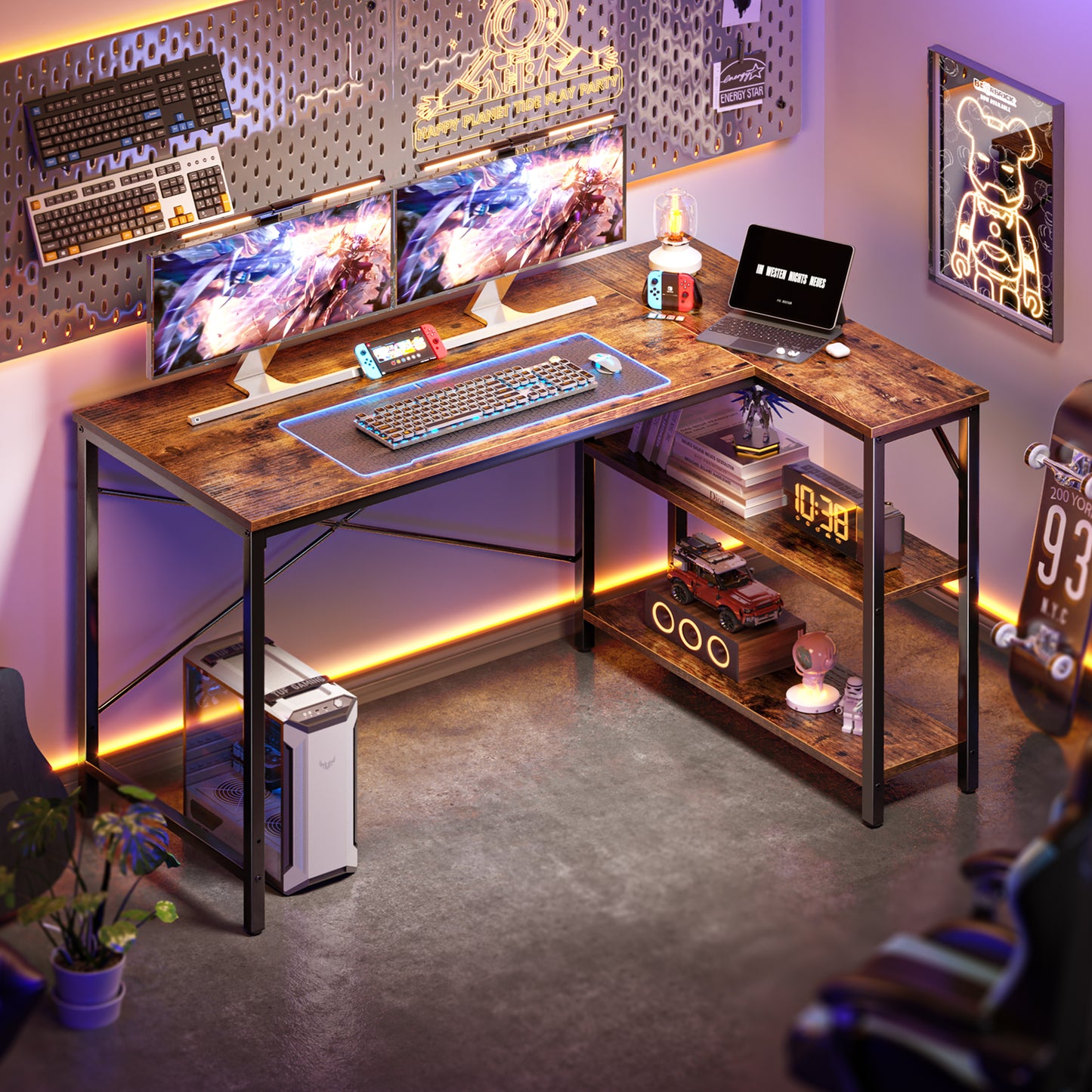 Huuger L Shaped Desk, 47 Inches Computer Desk with Reversible Storage Shelves, Rustic Brown