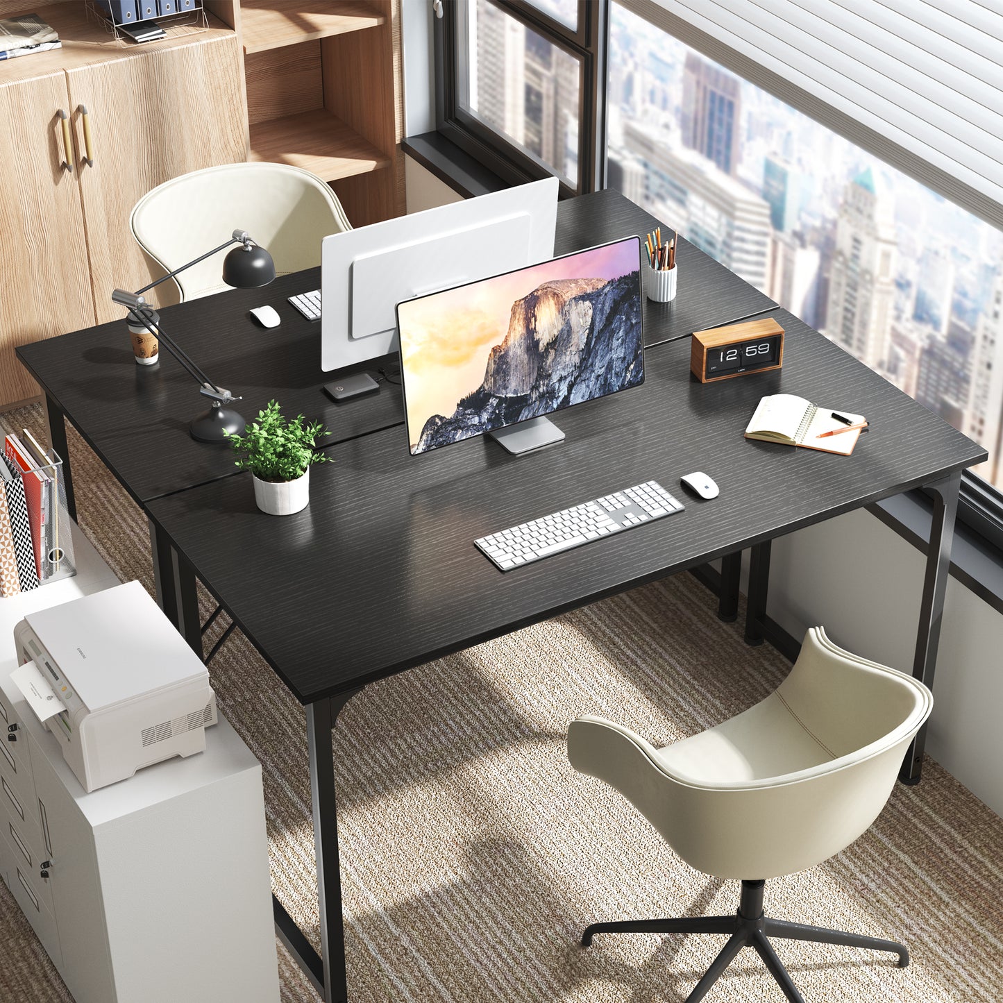 Huuger Computer Desk, 55 Inch Office Desk, Gaming Desk with Storage, Writing Desk Work Desk for Home Office, Study, Modern Simple Desk, Large Legroom, Metal Frame, Black