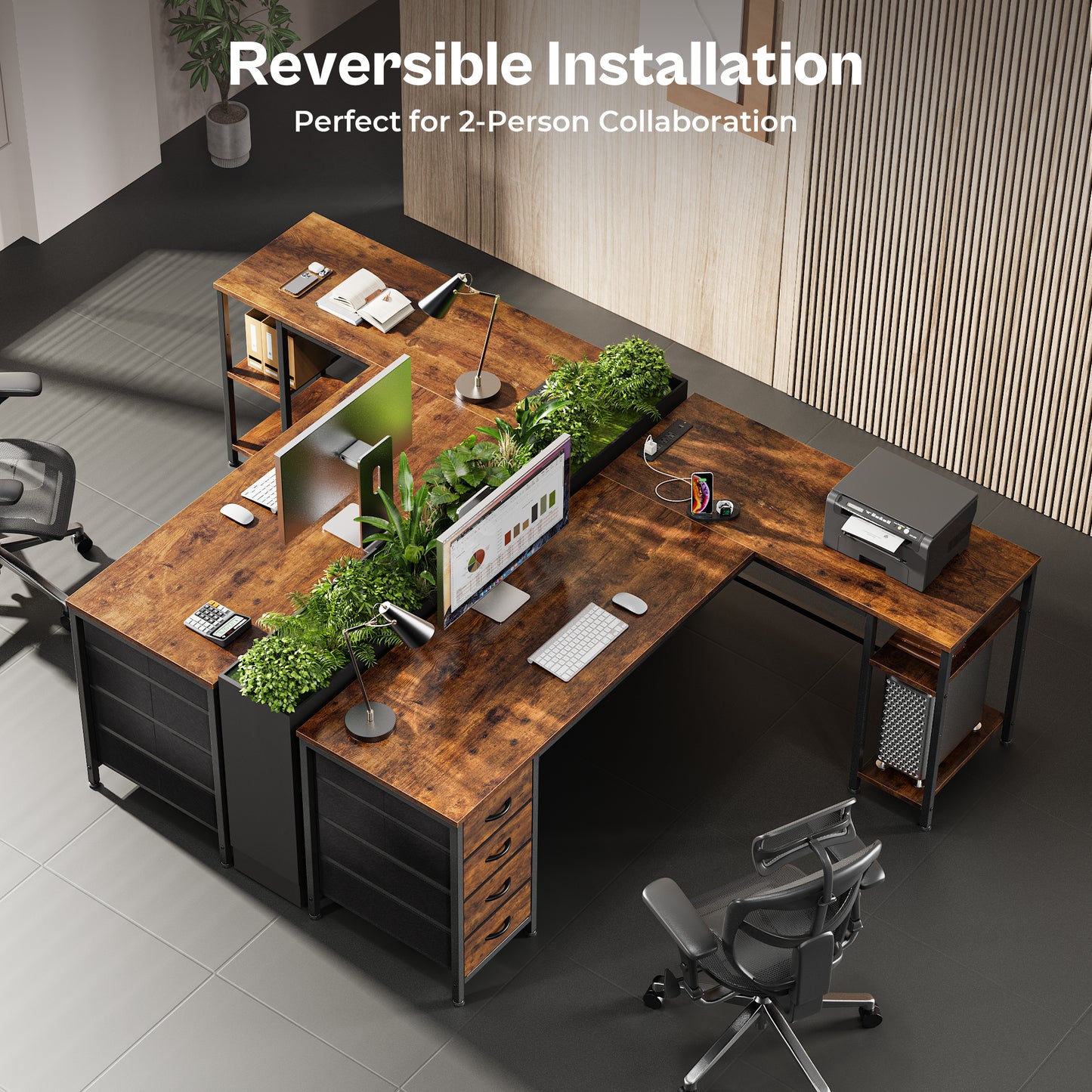 Huuger 63 Inch L Shaped Desk with Fabric Drawers, Computer Office Desk with Power Outlets and USB-C Port, Corner Desk with Storage Shelves, for Gaming Work Study Home Office, Reversible, Rustic Brown