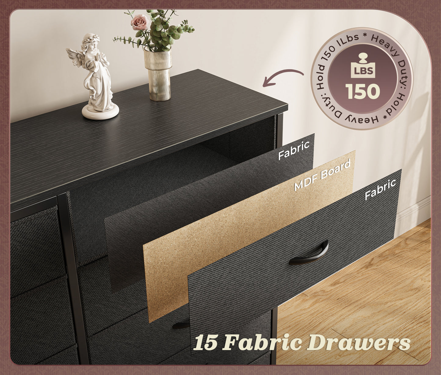 Huuger 63 Inch Long Dresser for Bedroom, TV Stand for 65, 70 Inch TV, 15 Drawer Dresser for Closet, Chest of Drawers, Large Fabric Drawers for Living Room, Black