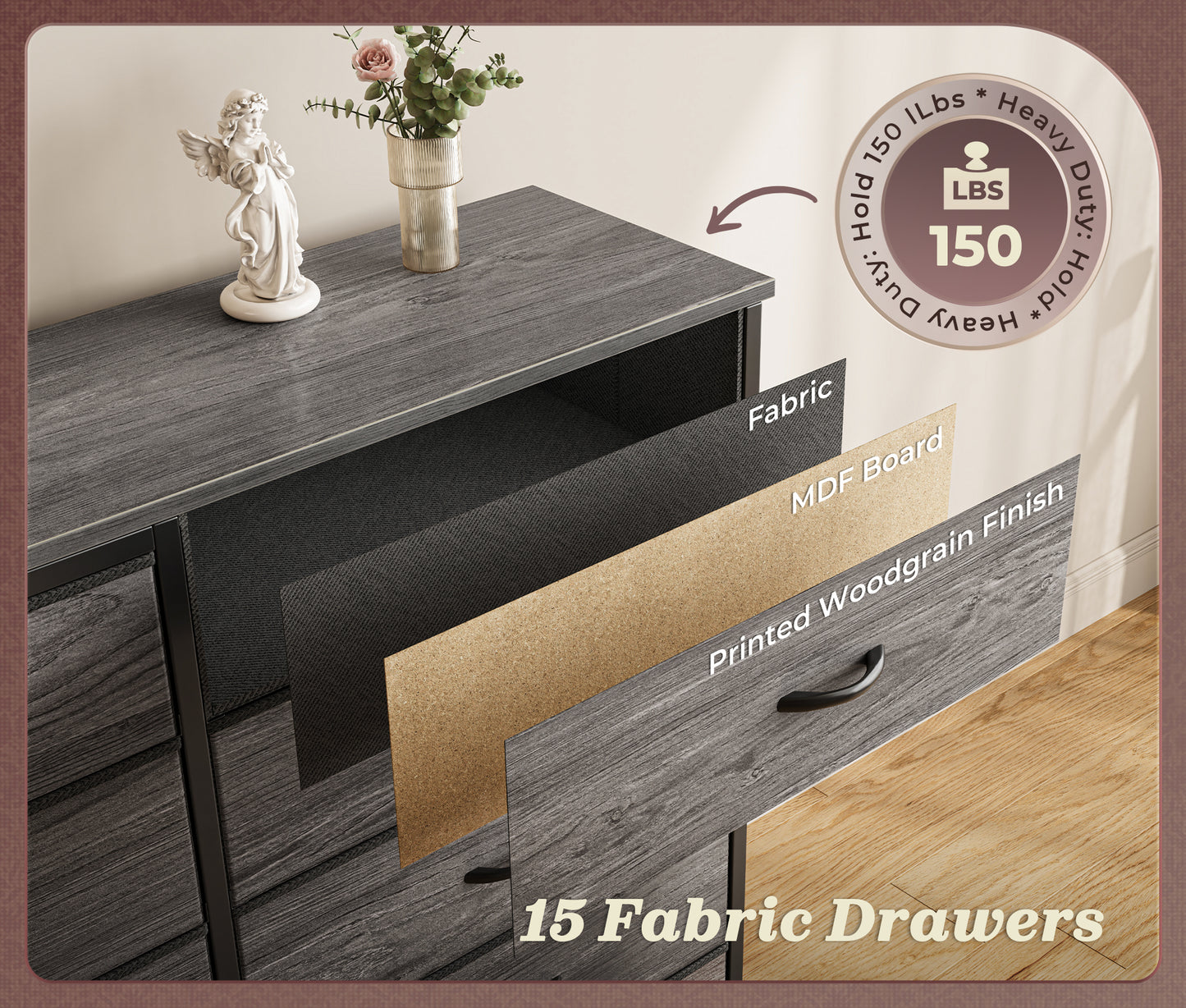 Huuger 63 Inch Long Dresser for Bedroom, TV Stand for 65, 70 Inch TV, 15 Drawer Dresser for Closet, Chest of Drawers, Large Fabric Drawers for Living Room, Grey