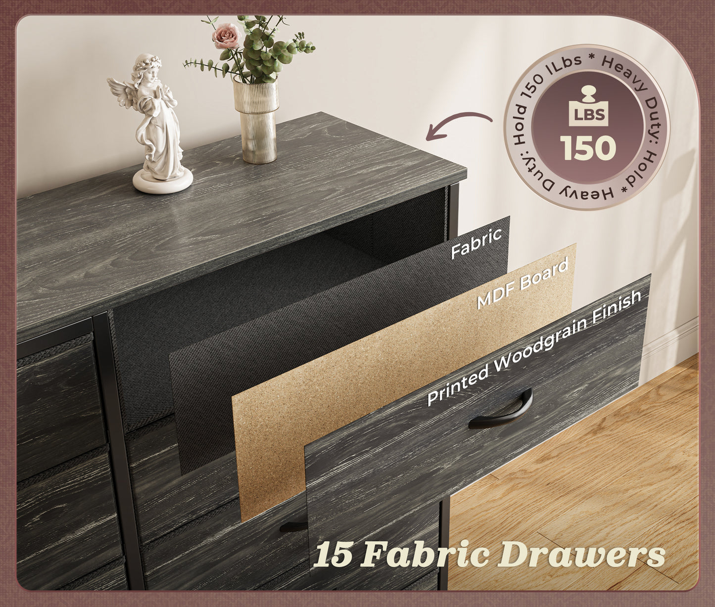 Huuger 63 Inch Long Dresser for Bedroom, TV Stand for 65, 70 Inch TV, 15 Drawer Dresser for Closet, Chest of Drawers, Large Fabric Drawers for Living Room, Charcoal Black