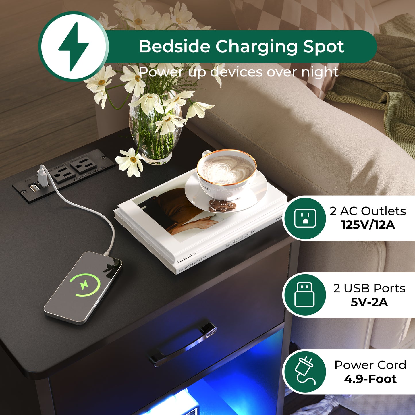 Huuger Nightstands Set of 2, Night Stands with Charging Station & LED Light Strips, Bedside Tables with Drawer, Side Tables Bedroom, Open Storage, Black