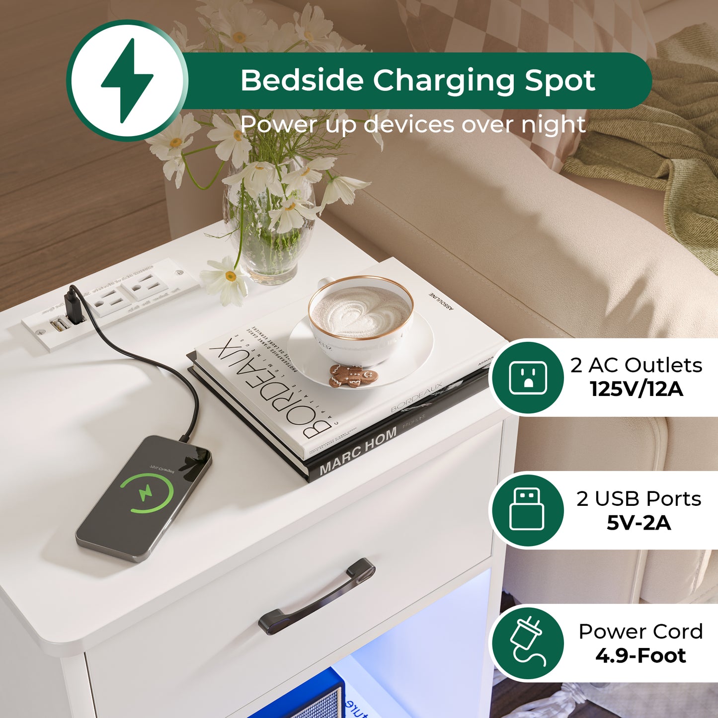 Huuger Nightstands Set of 2, Night Stands with Charging Station & LED Light Strips, Bedside Tables with Drawer, Side Tables Bedroom, Open Storage, White