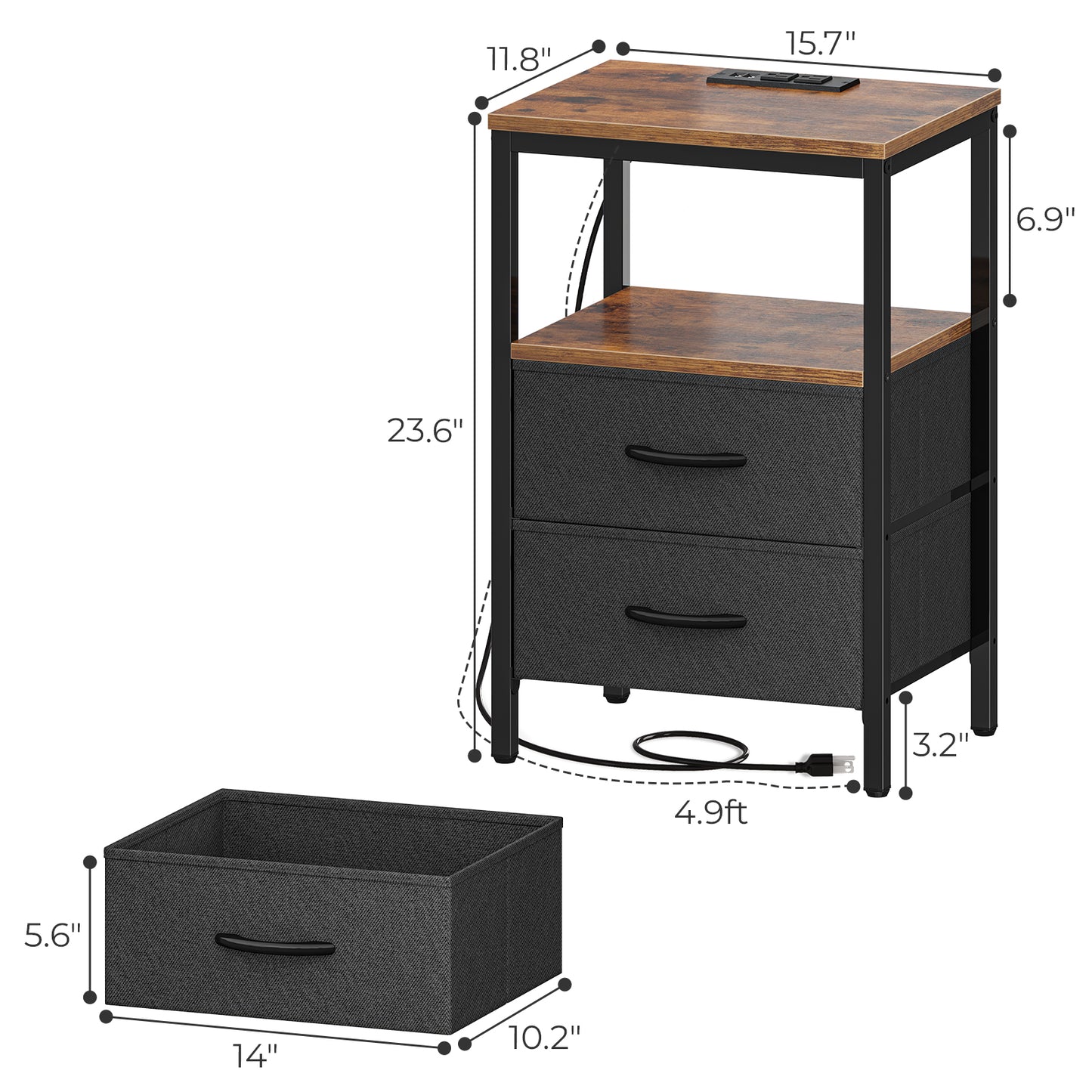 Huuger Nightstand with Charging Station, Side Table with Fabric Drawers, End Table with Open Shelf, Bedside Table with USB Ports and Outlets, Vintage Brown