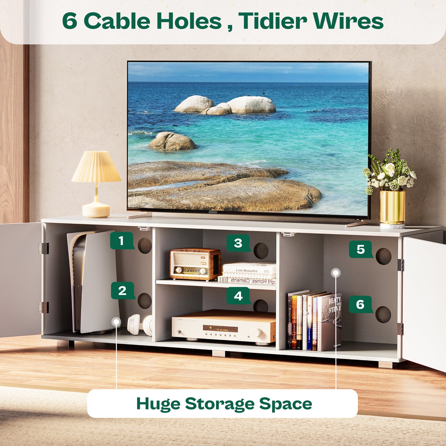 Huuger TV Stand for 55 Inch TV, Entertainment Center with Storage, 2 Cabinets, TV Console Media Cabinet with 6 Cable Holes, White TV Stand for Living Room, Bedroom