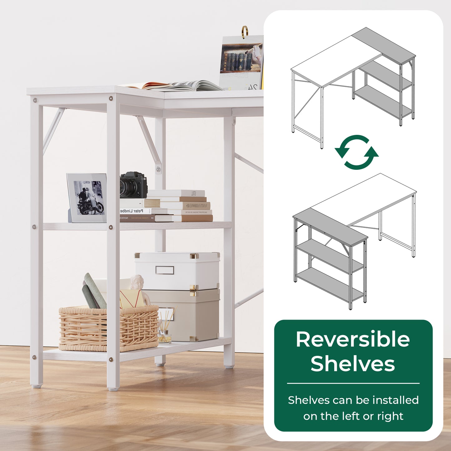 Huuger L Shaped Desk, 55 Inches Computer Desk with Reversible Storage Shelves, Gaming Desk, Corner Desk Home Office Desks, Writing Desk Study Desk with Metal Frame, White