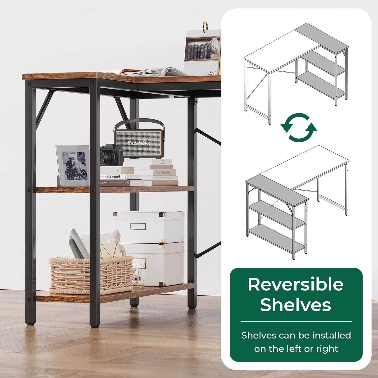 Huuger L Shaped Desk, 47 Inches Computer Desk with Reversible Storage Shelves, Rustic Brown