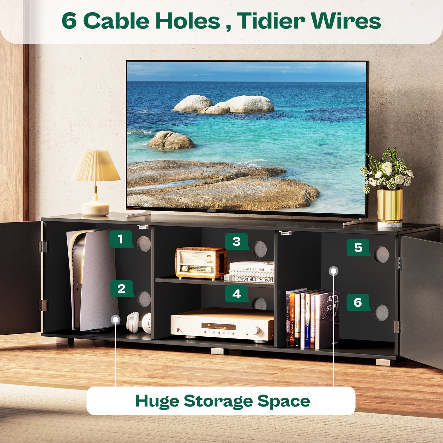 Huuger TV Stand for 55 Inch TV, Entertainment Center with Storage, 2 Cabinets, TV Console Media Cabinet with 6 Cable Holes, Black TV Stand for Living Room, Bedroom