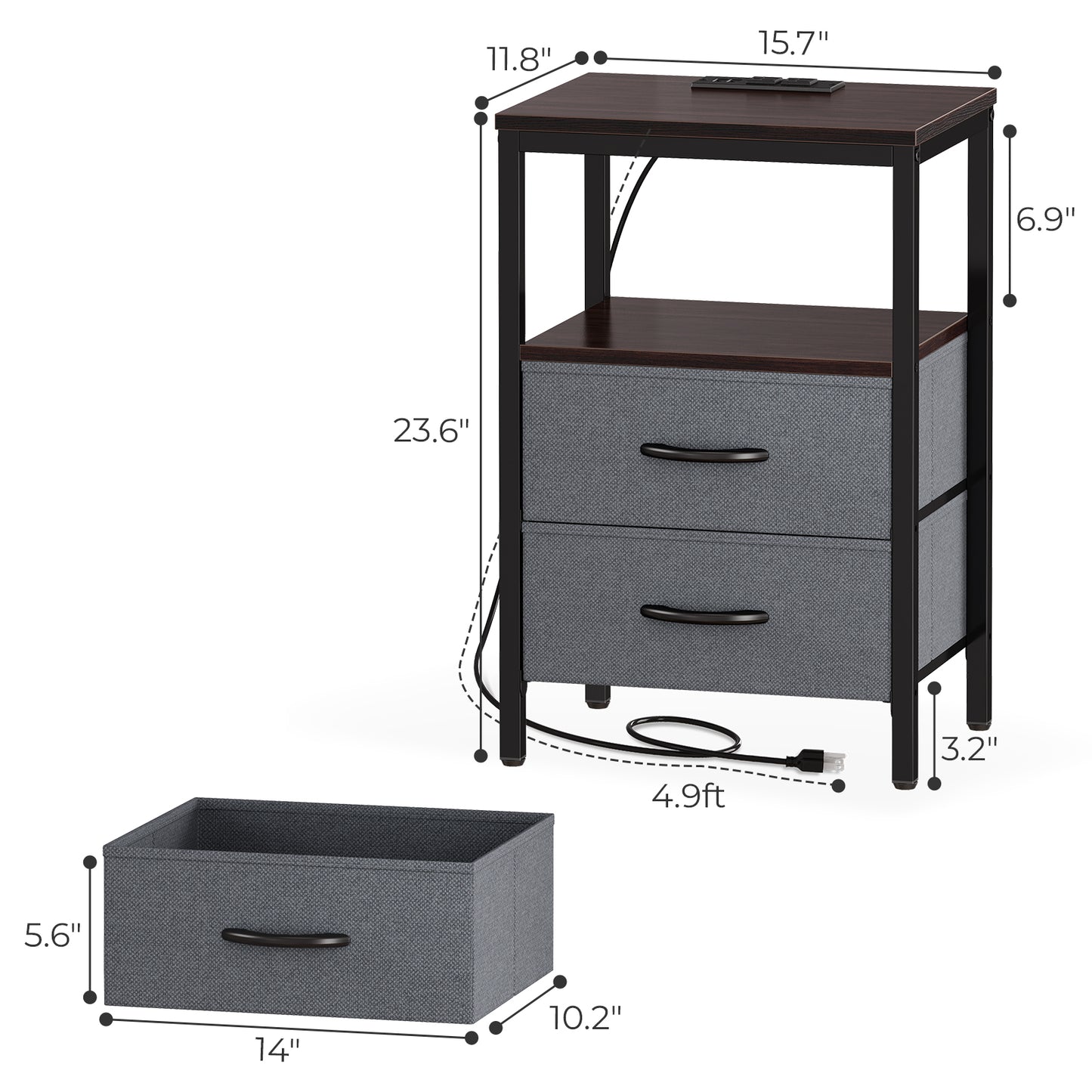 Huuger Nightstands Set of 2, End Tables, Side Tables with Fabric Drawers, Bedside Tables with USB Ports and Outlets, Walnut