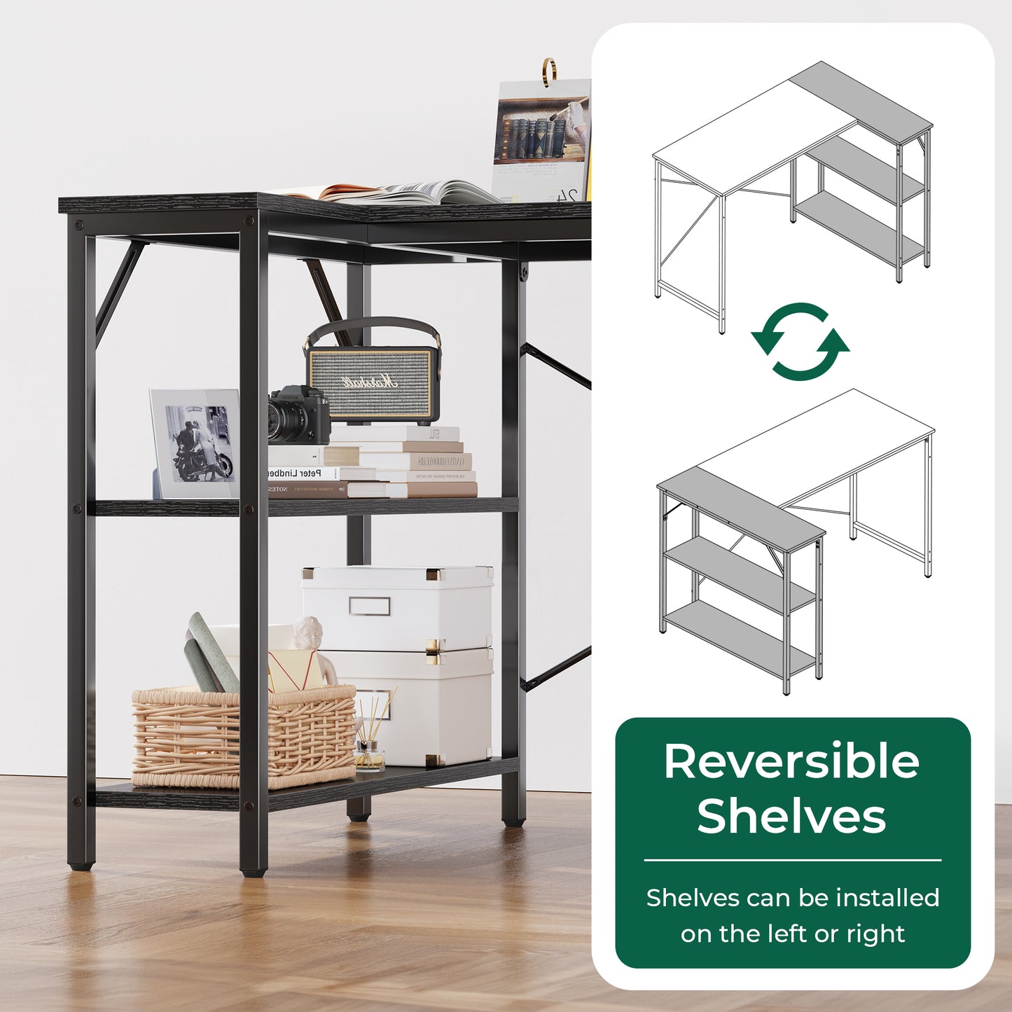 Huuger L Shaped Desk, 47 Inches Computer Desk with Reversible Storage Shelves, Black