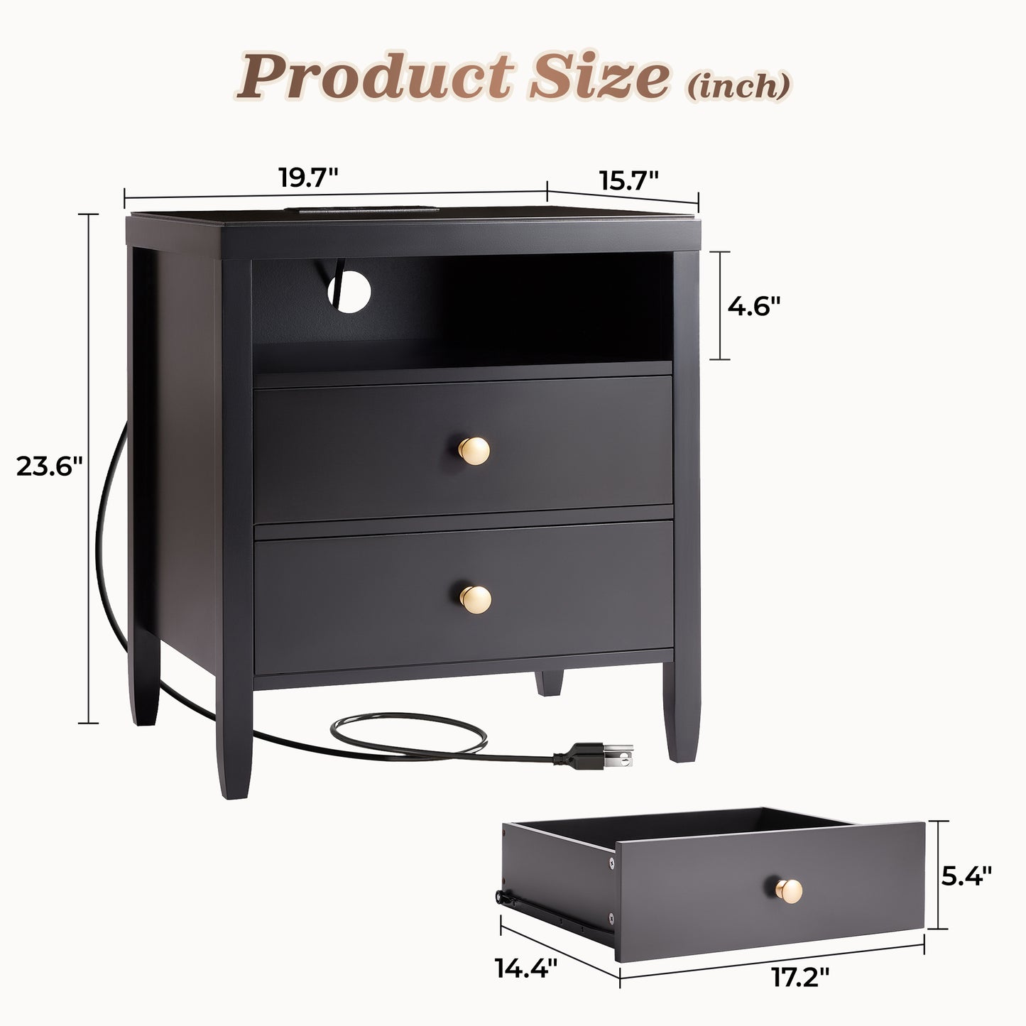 Huuger Black Nightstand Set of 2, Night Stand with Charger Station, Bedside Table with 2 Drawers, Bed Side Tables for Bedroom, Modern Nightstands, Metal Knobs, Painted Surface